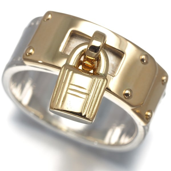Hermes Eu55 Sterling Silver 18K 750 Yellow Gold Kelly Padlock: Hermes Eu55 Sterling Silver 18K 750 Yellow Gold Kelly Padlock A stunning Kelly padlock from Hermes, crafted in sterling silver and 18K yellow gold, adds a touch of elegance to any wrist. This EU size
