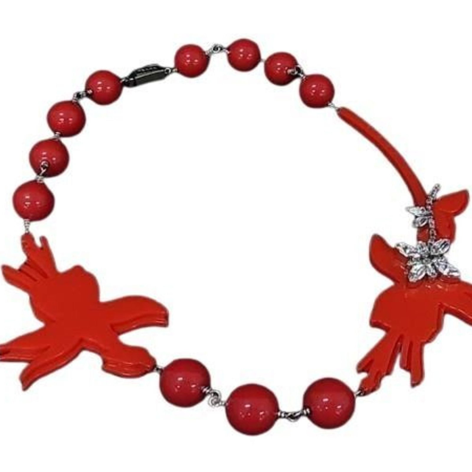 PRADA Necklace 1JC058 Red Silver PLEX Crystal Women's Bird Flower (1 of 5)