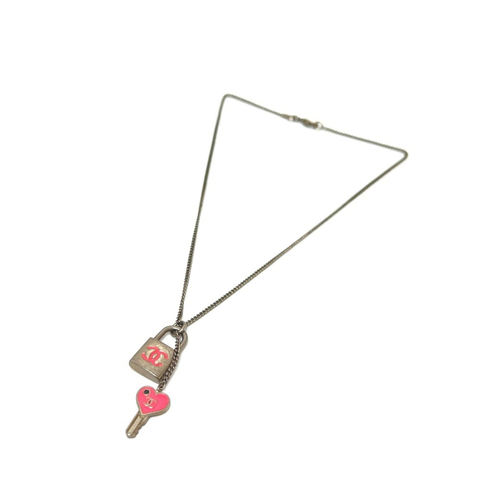CHANEL 07P Coco Mark Padlock Cadena Heart Key Chain Necklace, Metal, Women's, Silver: CHANEL 07P Coco Mark Padlock Cadena Heart Key Chain Necklace, Metal, Women's, Silver A delicate pink and silver Chanel key chain necklace, adorned with the iconic Coco Mark Padlock Cadena heart