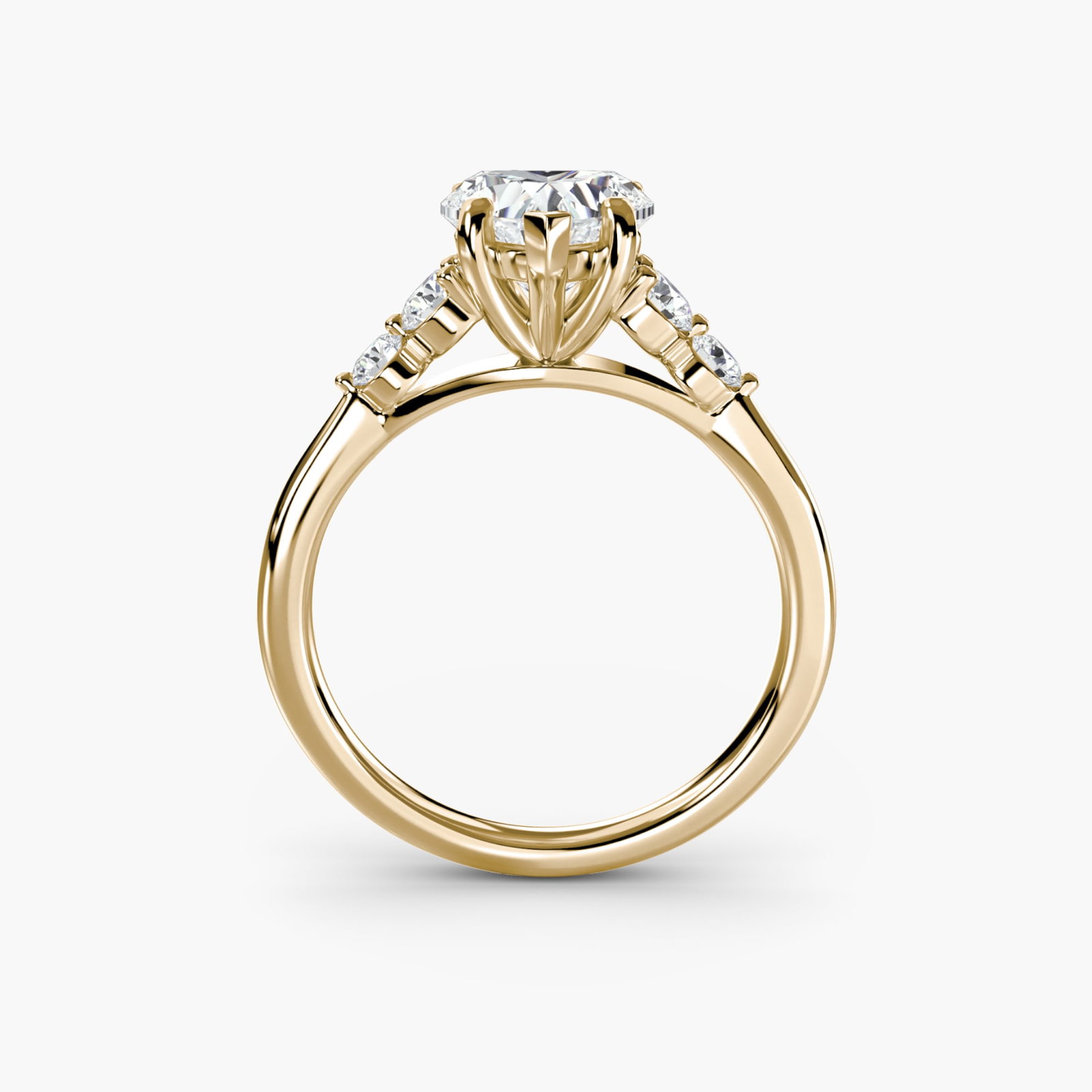 Solitaire Heart 18Kt Yellow Gold Ring Setting: Solitaire Heart 18Kt Yellow Gold Ring Setting Elevate your style with this stunning 18Kt yellow gold heart-shaped ring setting, featuring four lab-grown side stones totaling 0.23 carats in EF/VS clari