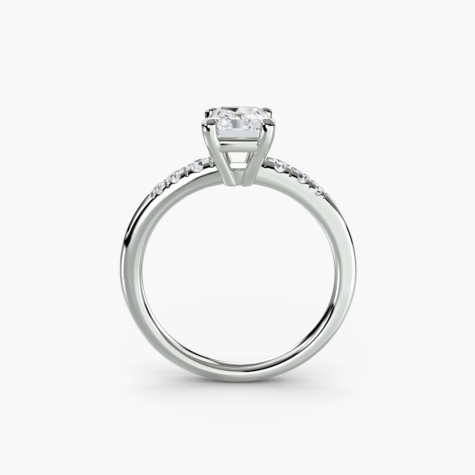 Solitaire Radiant 18Kt White Gold Ring Setting: Solitaire Radiant 18Kt White Gold Ring Setting Elevate your style with this stunning Solitaire Radiant 18Kt White Gold Ring Setting, featuring six lab-grown side stones totaling 0.135 carats in EF/VS