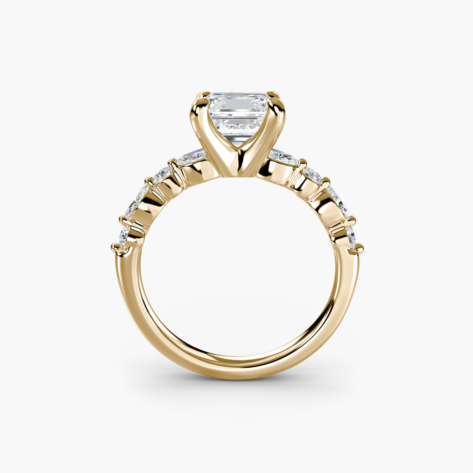 Pave Asscher 18Kt Yellow Gold Ring Setting: Pave Asscher 18Kt Yellow Gold Ring Setting Elegant and understated, this 18Kt Yellow Gold Asscher ring setting is adorned with 8 pave side stones, totaling 0.35 carats of lab-grown EF/VS colour and