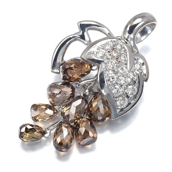 White Gold Brown and Clear Diamond 750 18K Briolette Cut Grapes Pendant: White Gold Brown and Clear Diamond 750 18K Briolette Cut Grapes Pendant A stunning 18k white gold briolette cut grape pendant showcases a beautiful arrangement of brown and clear diamonds, set in a