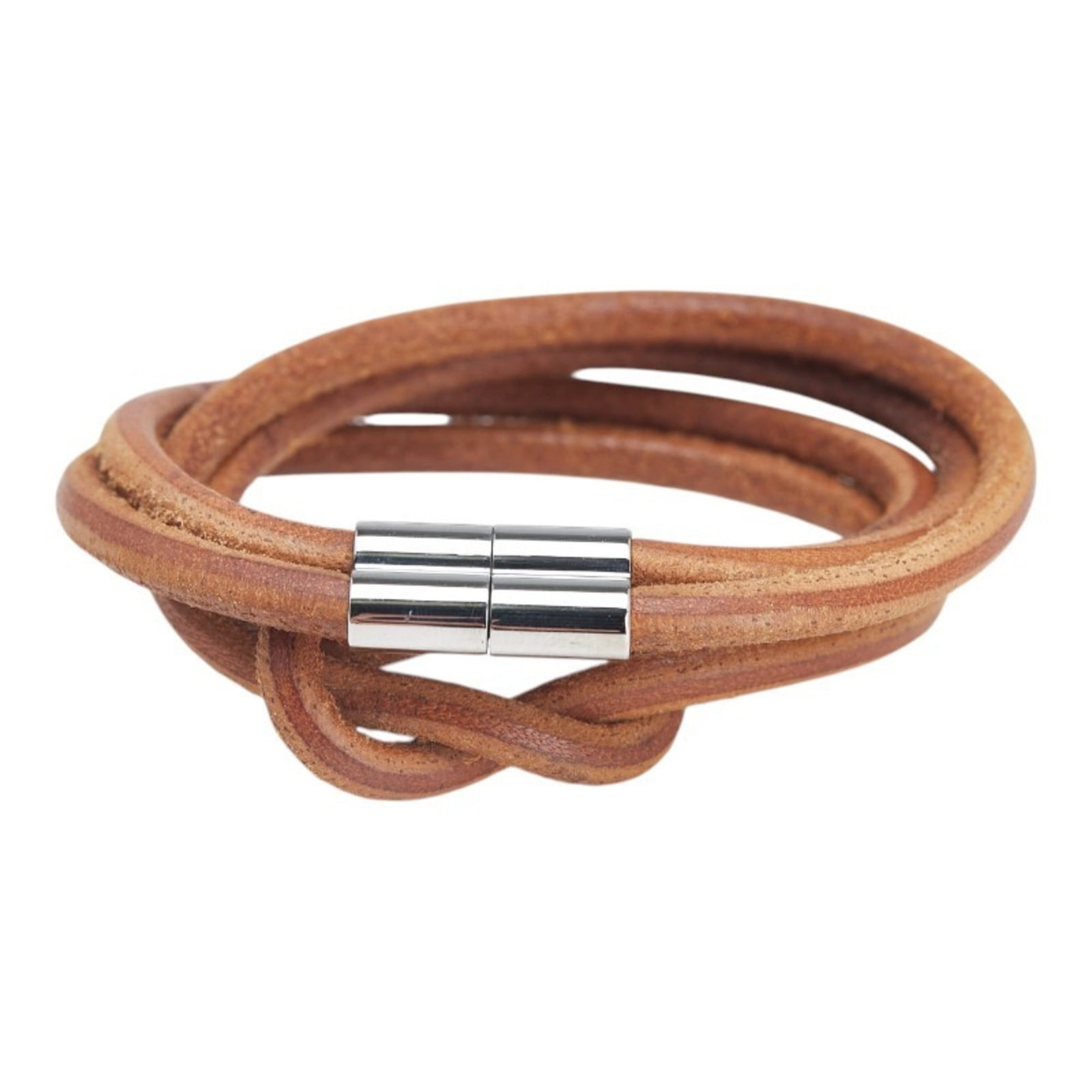 Hermes Leather Metal Charm Bracelet: Hermes Leather Metal Charm Bracelet A stylish and versatile accessory for everyday wear, this Hermes leather metal charm bracelet boasts a rich brown leather strap paired with elegant silver accents,