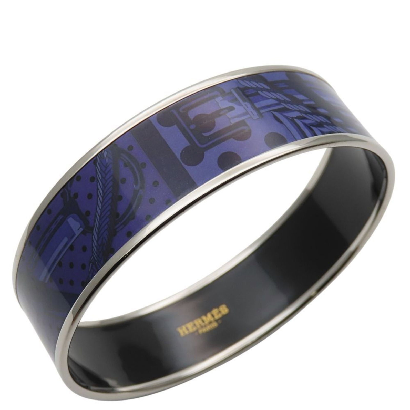 Hermes Bangle Enamel, Metal: Hermes Bangle Enamel, Metal A stunning Hermes bangle adorned with vibrant purple enamel and sleek silver accents, adding a touch of luxury to any outfit. This beautiful piece measures 20.5cm in