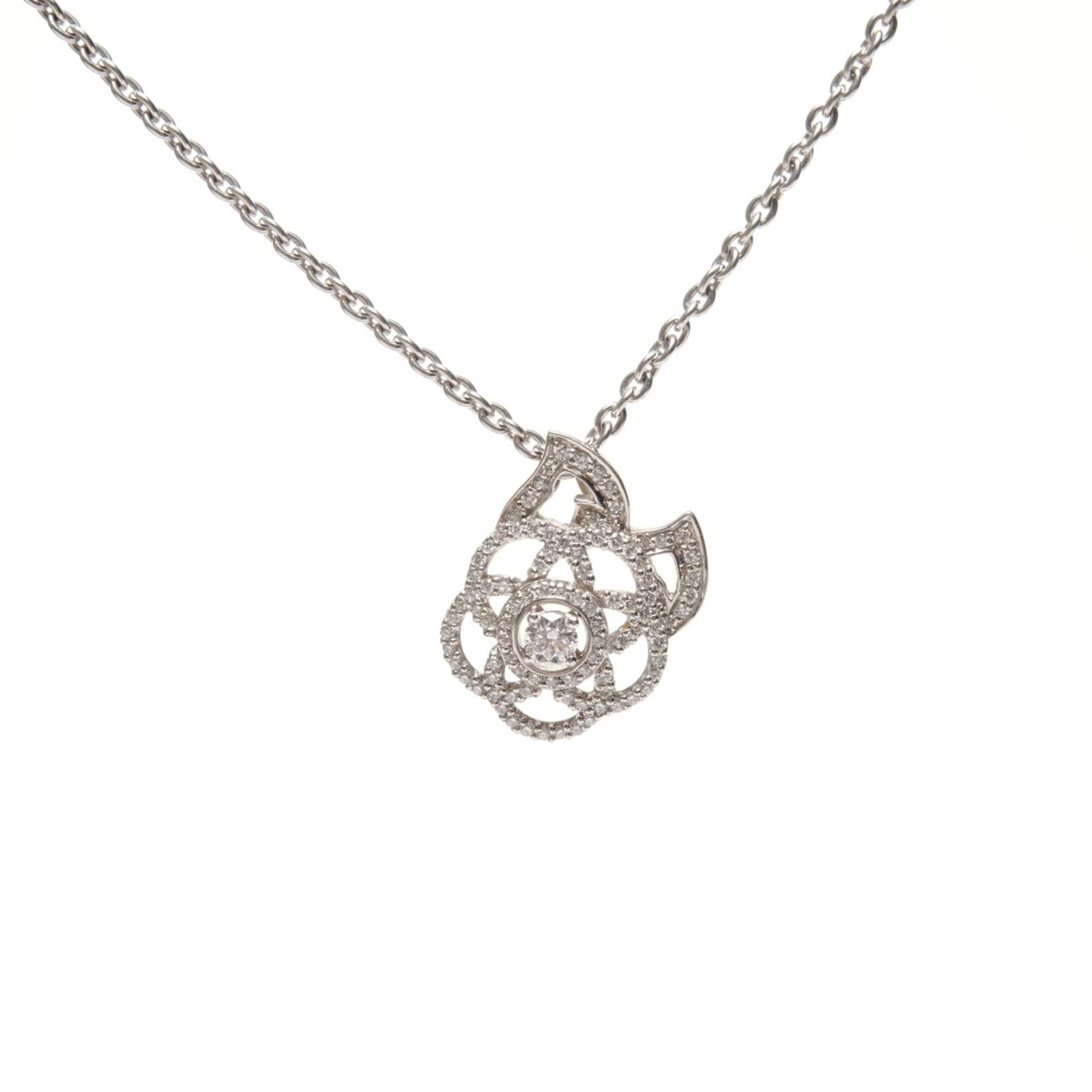 CHANEL Diamond Camellia Necklace in 750K18 WG Silver (WS25674): CHANEL Diamond Camellia Necklace in 750K18 WG Silver (WS25674) A stunning 18K white gold Chanel necklace featuring a 20mm x 17mm diamond camellia pendant, set in 750K18 WG silver. The elegant design b