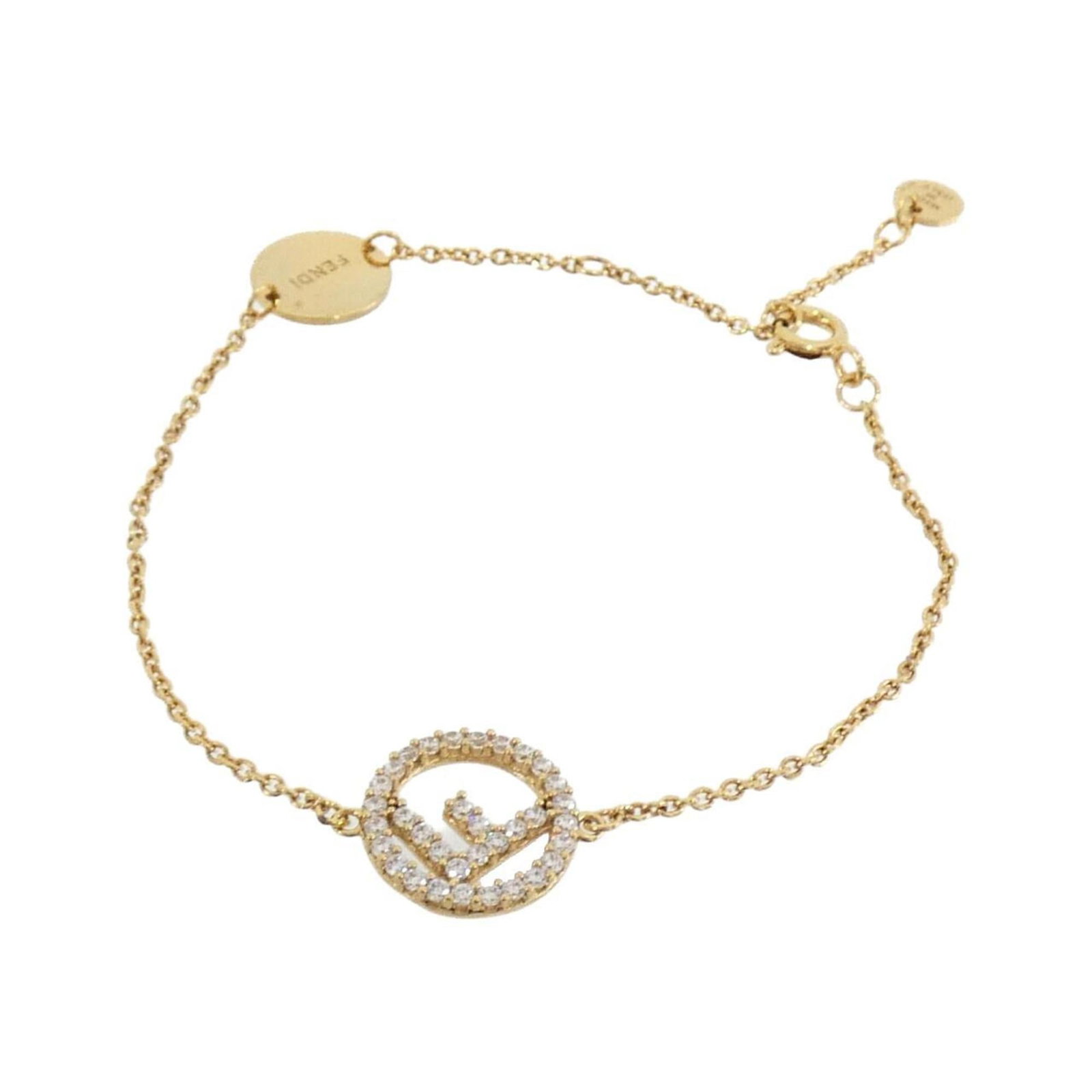 Fendi bracelet is a charm.: Fendi bracelet is a charm. A luxurious touch for your wrist, this Fendi charm bracelet boasts a gold finish and crystal stone, adding a touch of glamour to any outfit. With its 16cm-20cm length, it