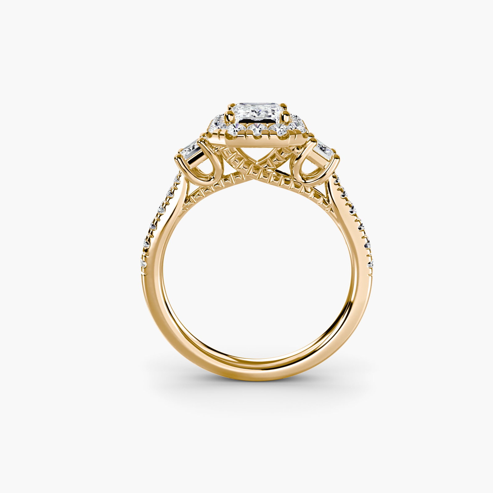 Halo Emerald 14Kt Yellow Gold Ring Setting: Halo Emerald 14Kt Yellow Gold Ring Setting Elevate your style with this stunning 14Kt yellow gold ring setting, featuring a halo of 30 lab-grown side stones totaling 0.593 carats in EF/VS colour and