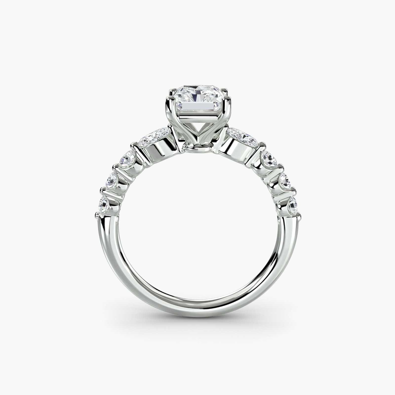 Pave Radiant 950 Platinum Ring Setting: Pave Radiant 950 Platinum Ring Setting Elevate your style with this stunning Pave Radiant 950 Platinum Ring Setting, boasting an intricate design featuring 8 lab-grown side stones totaling 0.29