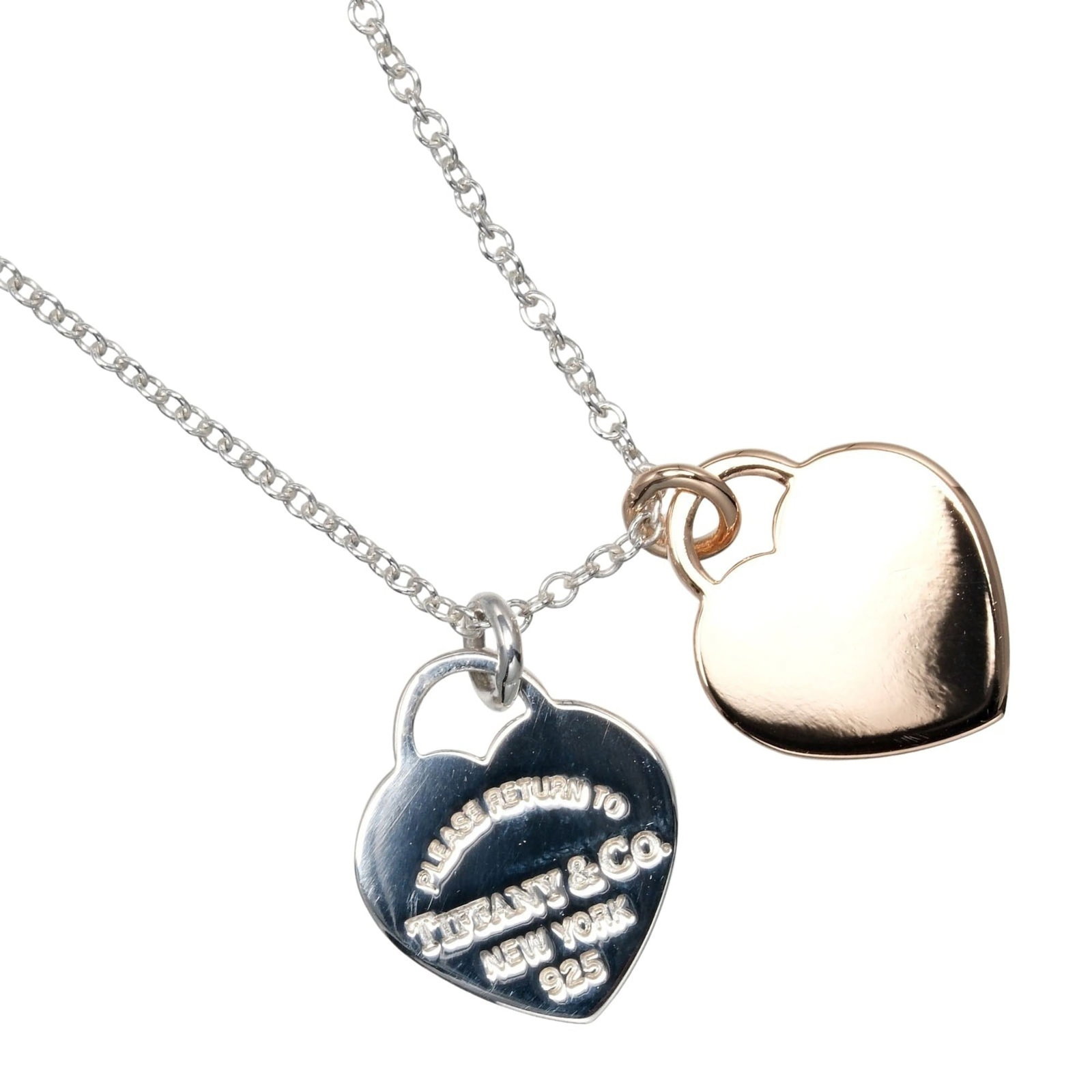 Tiffany Return to Double Mini Heart Tag Necklace Silver 925 18KPG Pink Gold Approx. 3.16g: Tiffany Return to Double Mini Heart Tag Necklace Silver 925 18KPG Pink Gold Approx. 3.16g A delicate 18K pink gold and silver double mini heart tag necklace from Tiffany & Co., featuring a petite