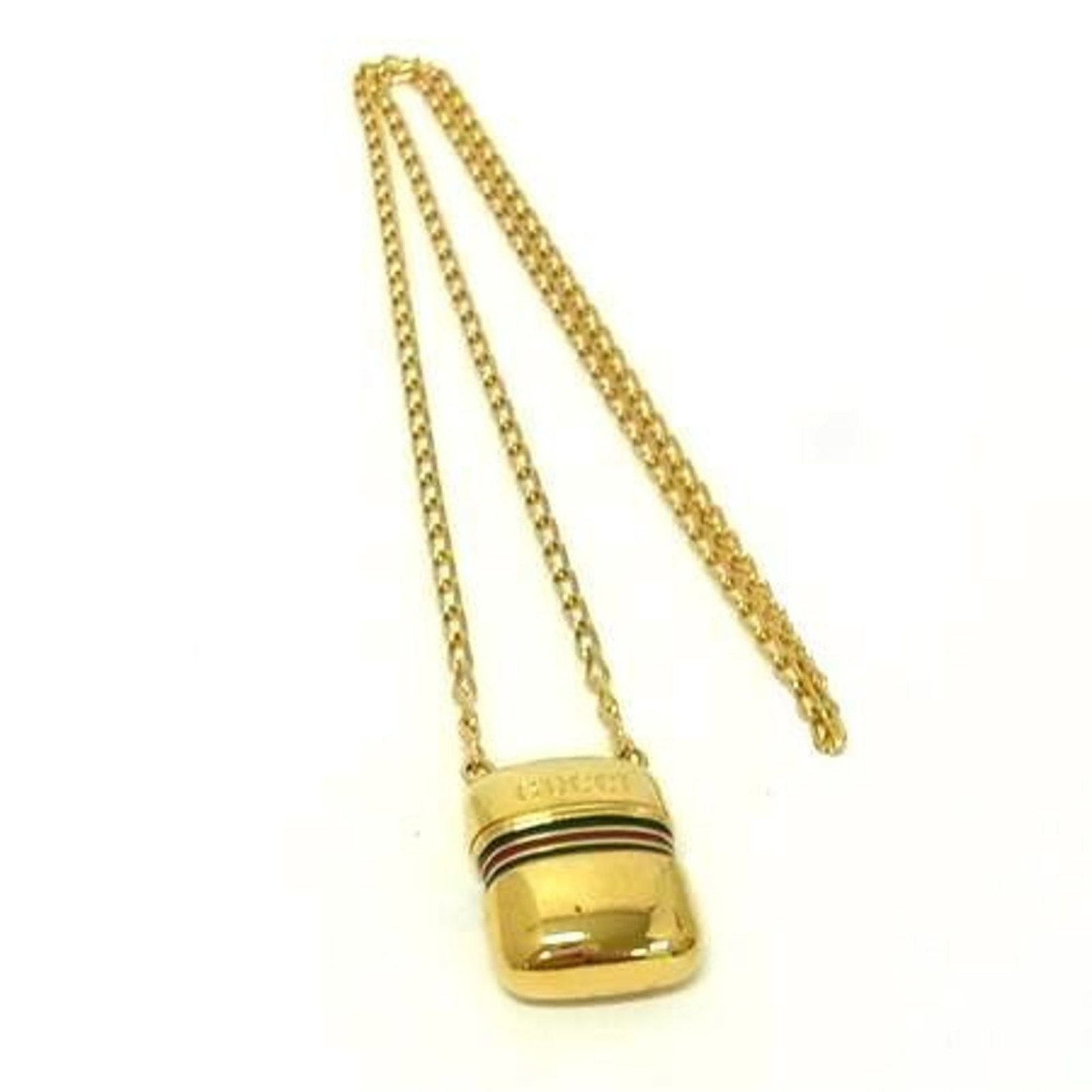 GUCCI Old Gucci Shelly Line Metal Gold Necklace for Men and Women, Pill Case: GUCCI Old Gucci Shelly Line Metal Gold Necklace for Men and Women, Pill Case A sleek and sophisticated metal gold necklace from Gucci's iconic Shelly Line collection, featuring a 38mm x 29mm pendant