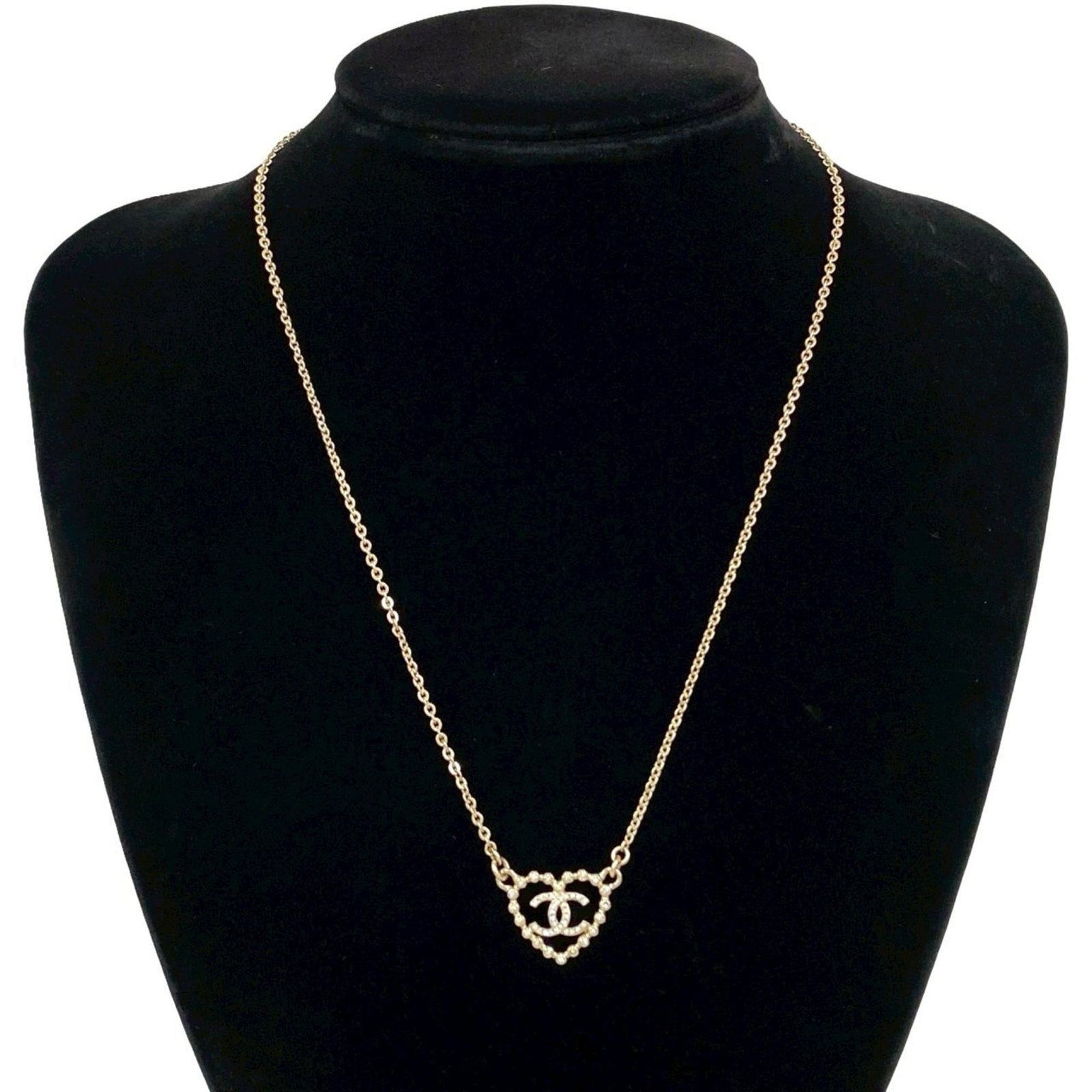 CHANEL Coco Mark Heart Motif Rhinestone Plated Chain Necklace in Silver 80961 (1 of 4)