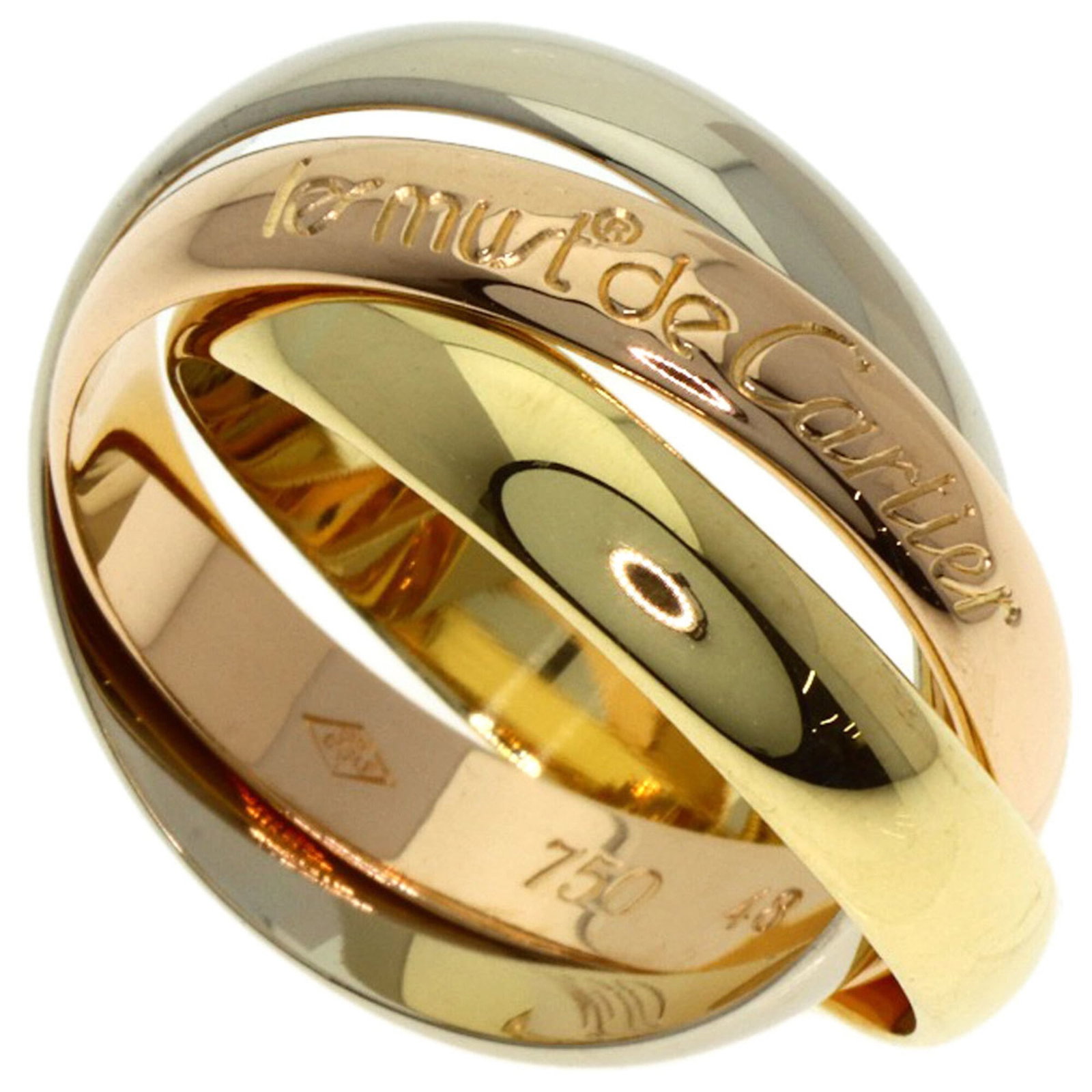 Cartier Band Ring Pink Gold (18K), White Gold (18K), Yellow Gold (18K): Cartier Band Ring Pink Gold (18K), White Gold (18K), Yellow Gold (18K) A stunning Cartier band ring in 18K pink gold, white gold, and yellow gold, available in size 4.5 and featuring a sleek 3.4mm wid