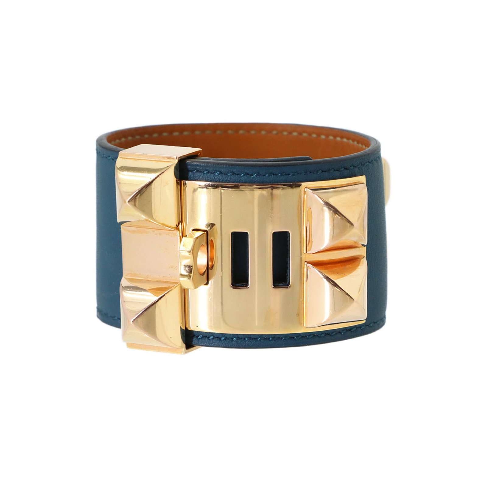 Hermes leather bangle: Hermes leather bangle A sleek and sophisticated accessory from Hermes, this swift leather bangle boasts a classic design with a subtle gold accent, adding a touch of elegance to any outfit. Measuring 