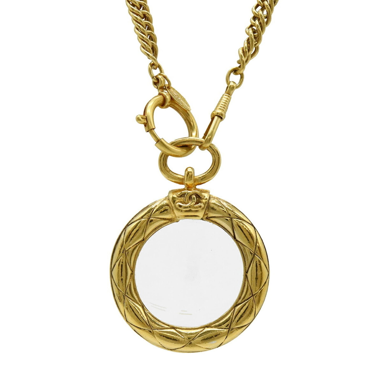 GP Chanel Circle Round Gold Coco Magnifying Necklace Chain Pendant: GP Chanel Circle Round Gold Coco Magnifying Necklace Chain Pendant A luxurious gold-plated Coco Magnifying Necklace Chain Pendant from Chanel, featuring a 65mm x 50mm round pendant with a gold chain
