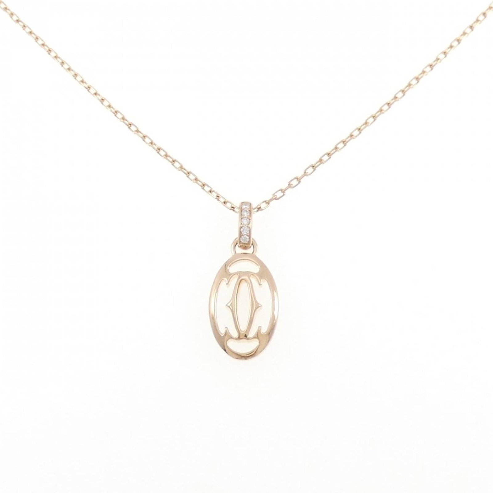 Cartier logo is a necklace: Cartier logo is a necklace A stunning Cartier pink gold necklace featuring a diamond pendant, this 18K piece boasts a sleek and sophisticated design. With its 38-41cm adjustable chain and 21.6mm x