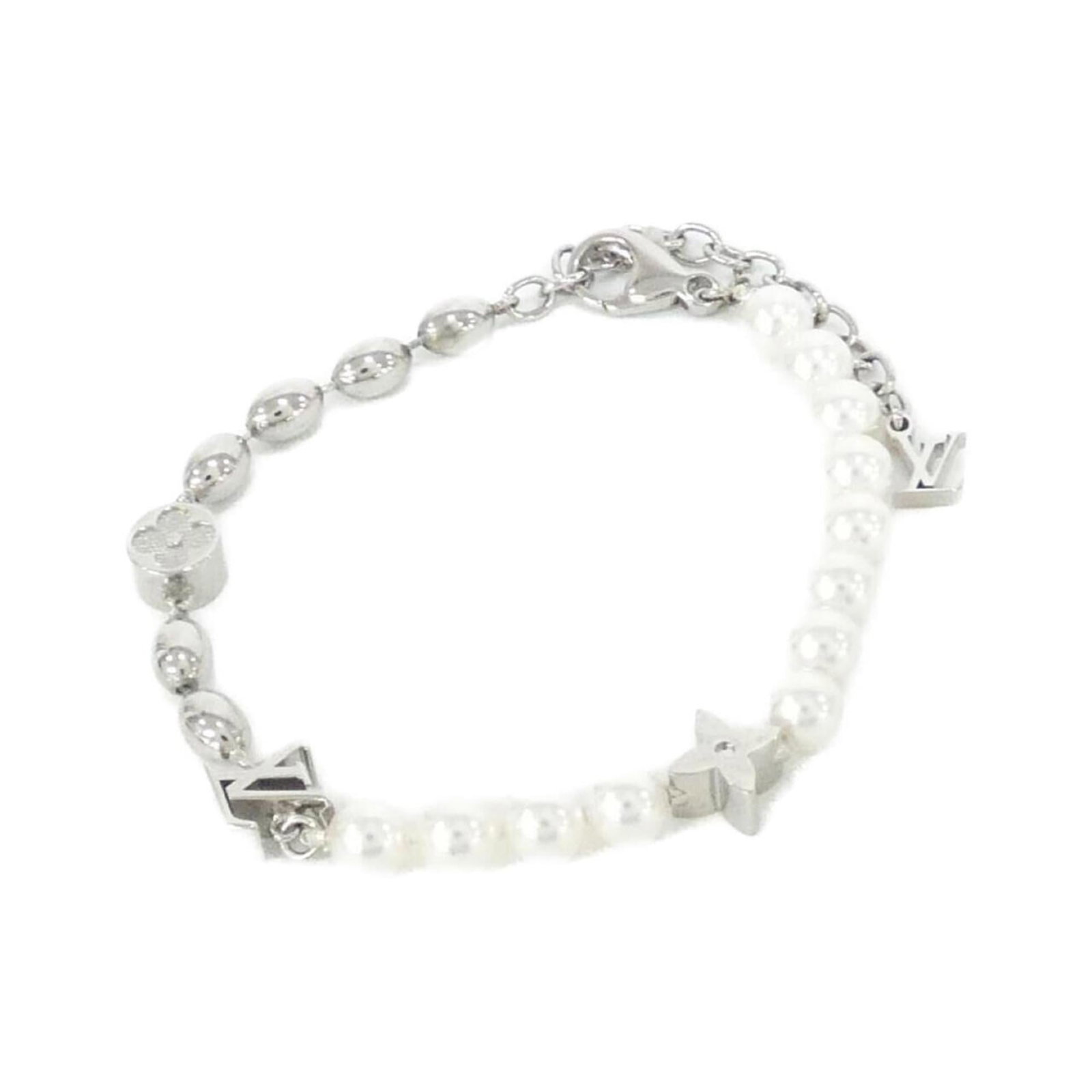 Louis Vuitton bracelet: Louis Vuitton bracelet A sleek and sophisticated charm bracelet from Louis Vuitton, crafted in silver with subtle white accents, adding a touch of luxury to any outfit. Measuring 18-22cm in length, th