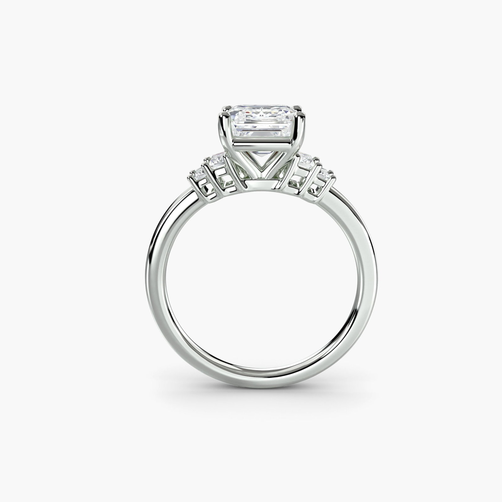 Solitaire Asscher 18Kt White Gold Ring Setting: Solitaire Asscher 18Kt White Gold Ring Setting Elegant simplicity defines this 18Kt white gold Asscher ring setting, featuring four lab-grown side stones totaling 0.23 carats in EF/VS clarity and colo