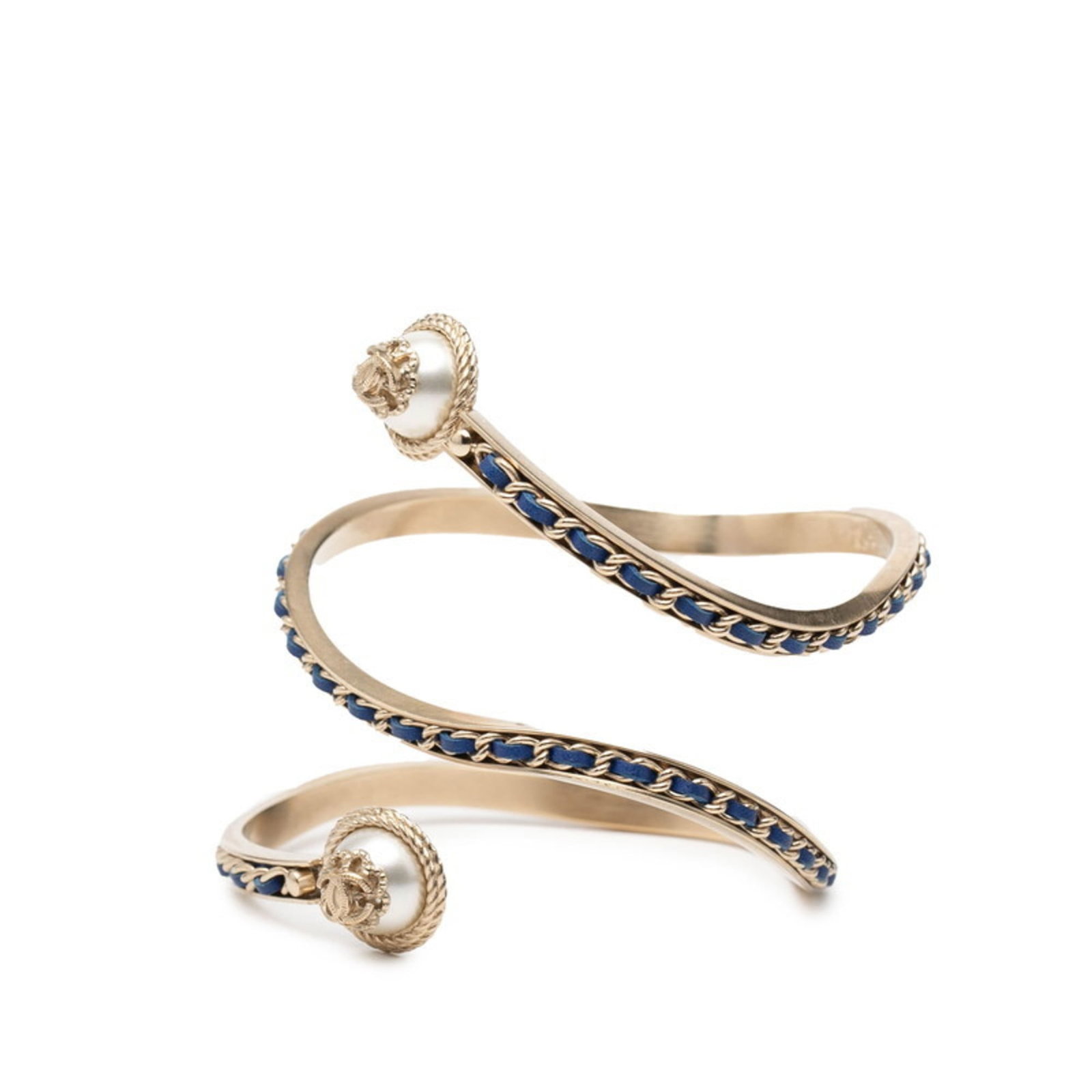 Chanel leather bangle: Chanel leather bangle A luxurious Chanel leather bangle in blue and champagne gold, adorned with a classic pearl stone, adds a touch of sophistication to any outfit. Measuring 17cm in length, this tim