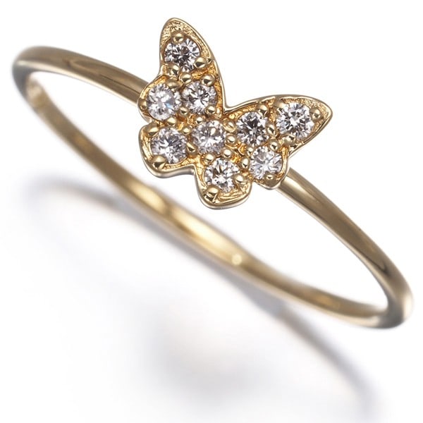 Yellow gold diamond ring butterfly 18k 0.09ct: Yellow gold diamond ring butterfly 18k 0.09ct A delicate 18k yellow gold ring showcases a single 0.09ct diamond, set in a beautiful butterfly design. Crafted from high-quality Japanese metal, this