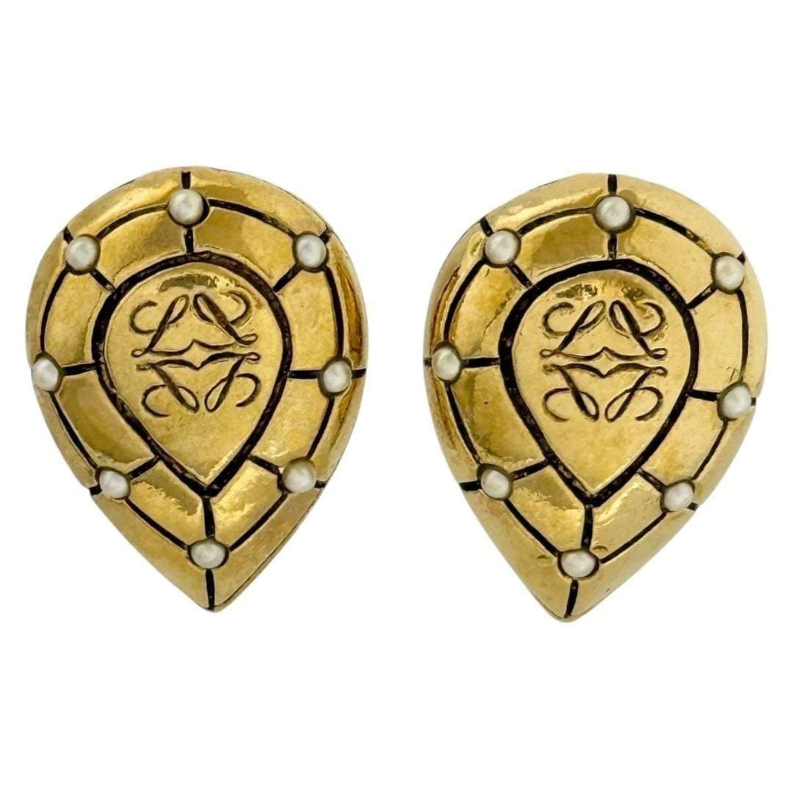 Loewe Clip Earrings Artificial Pearl, Metal: Loewe Clip Earrings Artificial Pearl, Metal Clip earrings featuring artificial pearl and metal in black and gold hues. The Loewe brand adds a touch of luxury to these understated yet elegant