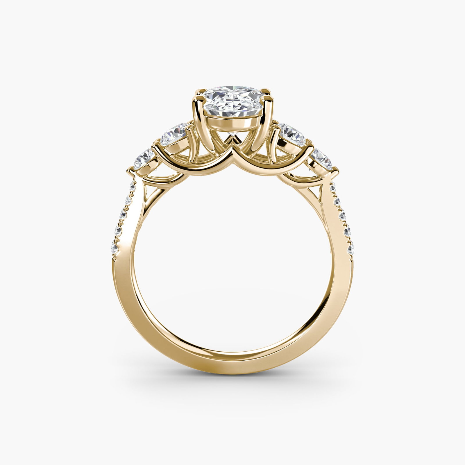Pave Oval 18Kt Yellow Gold Ring Setting: Pave Oval 18Kt Yellow Gold Ring Setting Pave oval 18Kt yellow gold ring setting with 14 side stones totaling 0.595 carats of lab-grown EF/VS color and clarity. This new ring features a 2mm wide band a