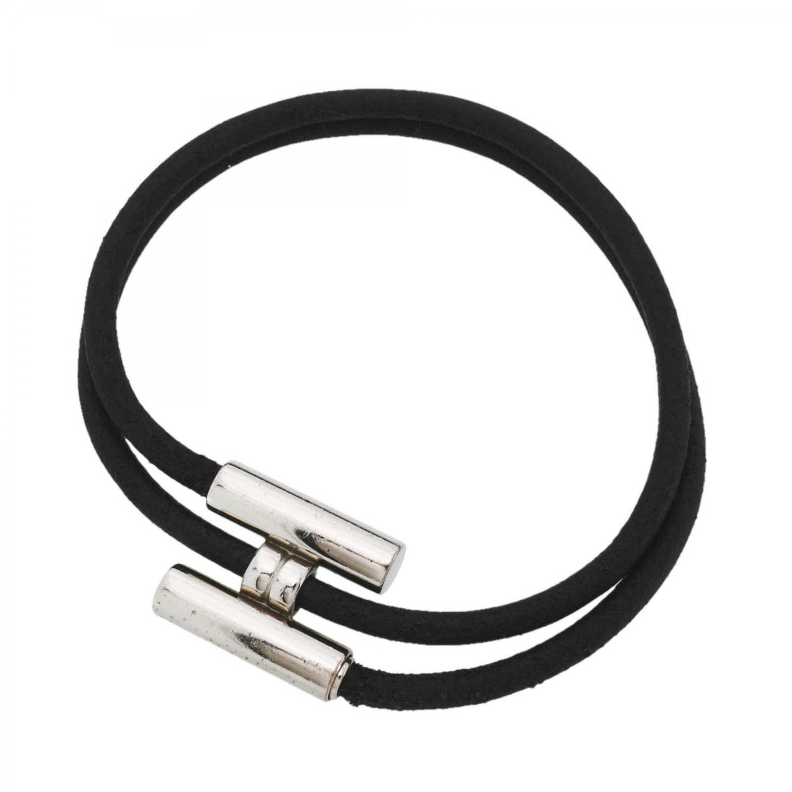 Hermes Charm Bracelet Leather, Metal: Hermes Charm Bracelet Leather, Metal Black leather and silver metal come together in this classic Hermes charm bracelet, featuring subtle signs of wear from past use. The 17.5cm length provides a comf