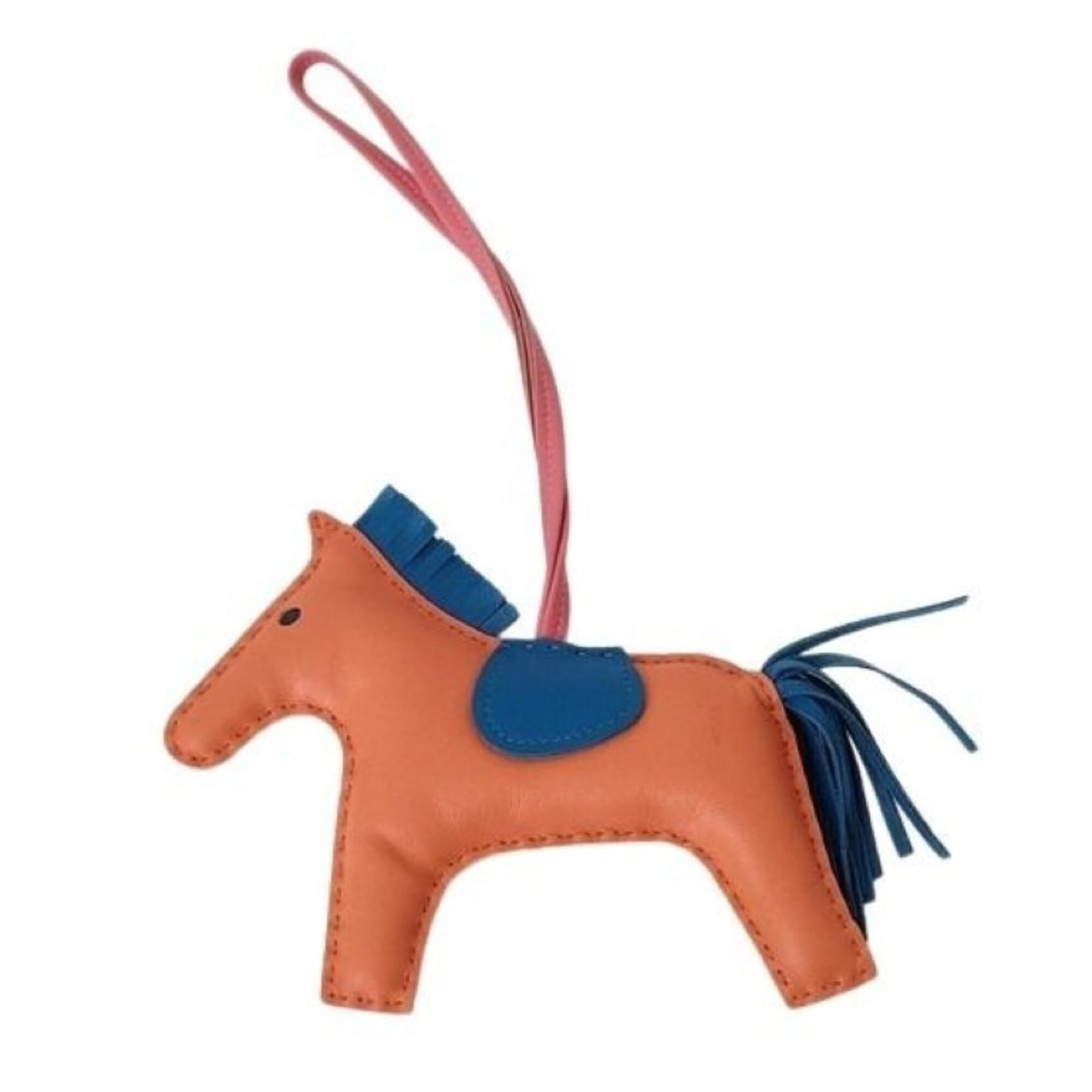 Hermes Handbag Charm Agneau Milo: Hermes Handbag Charm Agneau Milo Agneau Milo charm from iconic luxury brand Hermes, featuring a vibrant blue, orange, and pink design. This used handbag charm measures 250.00mm x 130.00mm and showcase