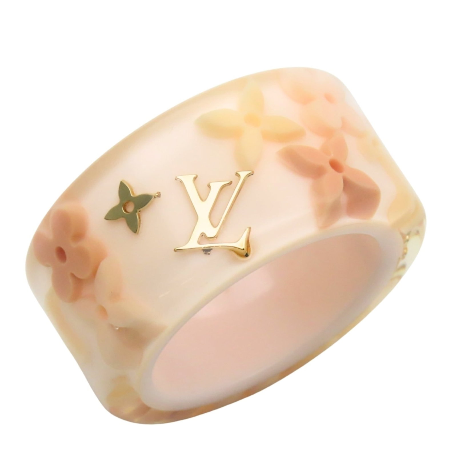 Louis Vuitton Band Ring Monogram, Resin: Louis Vuitton Band Ring Monogram, Resin This Louis Vuitton Band Ring Monogram in Resin features the iconic monogram pattern in pink and rose tones. The ring has some signs of usage, with traces of scr