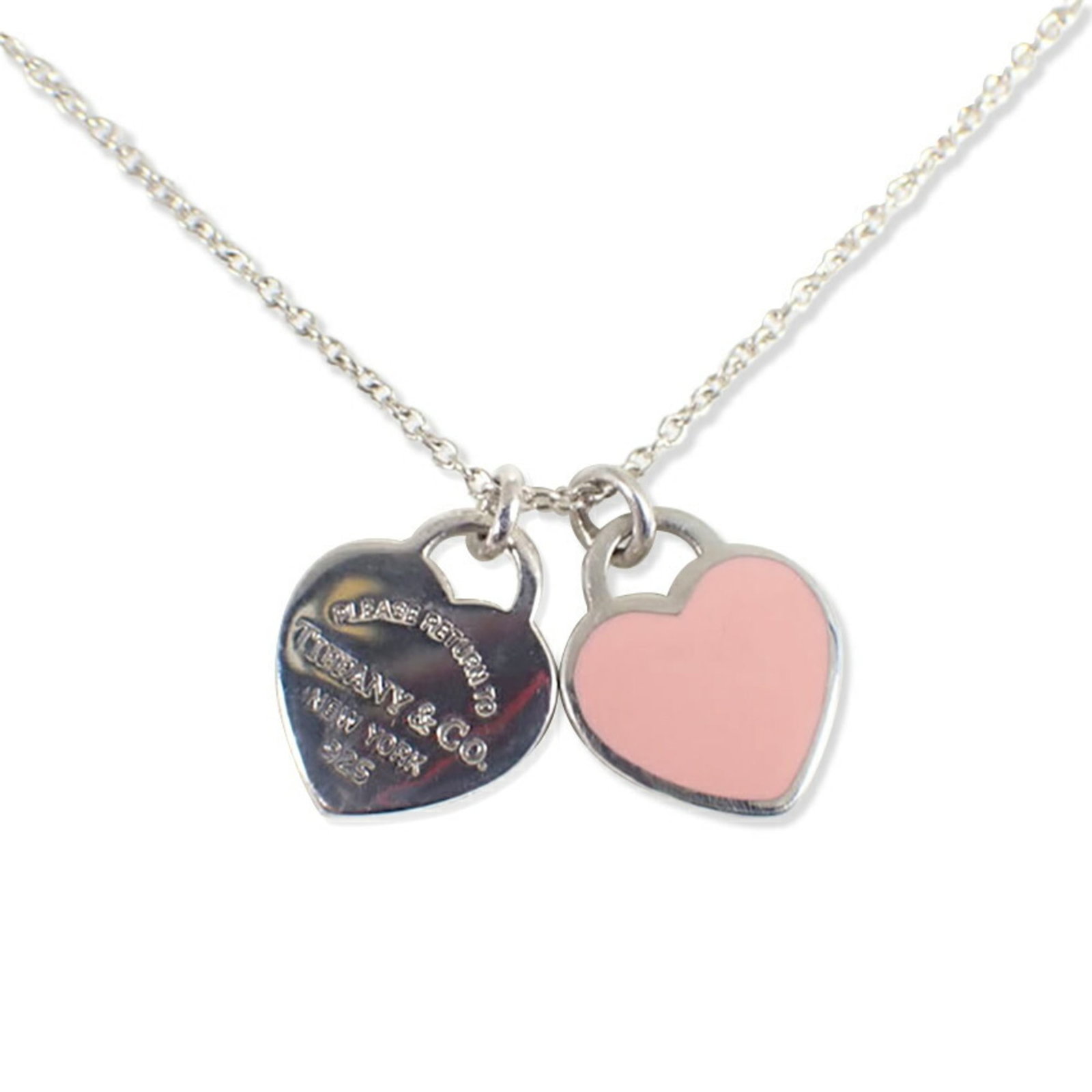 TIFFANY & Co. 925 Pink Enamel Return to Tiffany Double Heart Tag Pendant: TIFFANY & Co. 925 Pink Enamel Return to Tiffany Double Heart Tag Pendant This stunning Tiffany & Co. necklace features a 925 pink enamel return to Tiffany double heart tag pendant, crafted from sterli