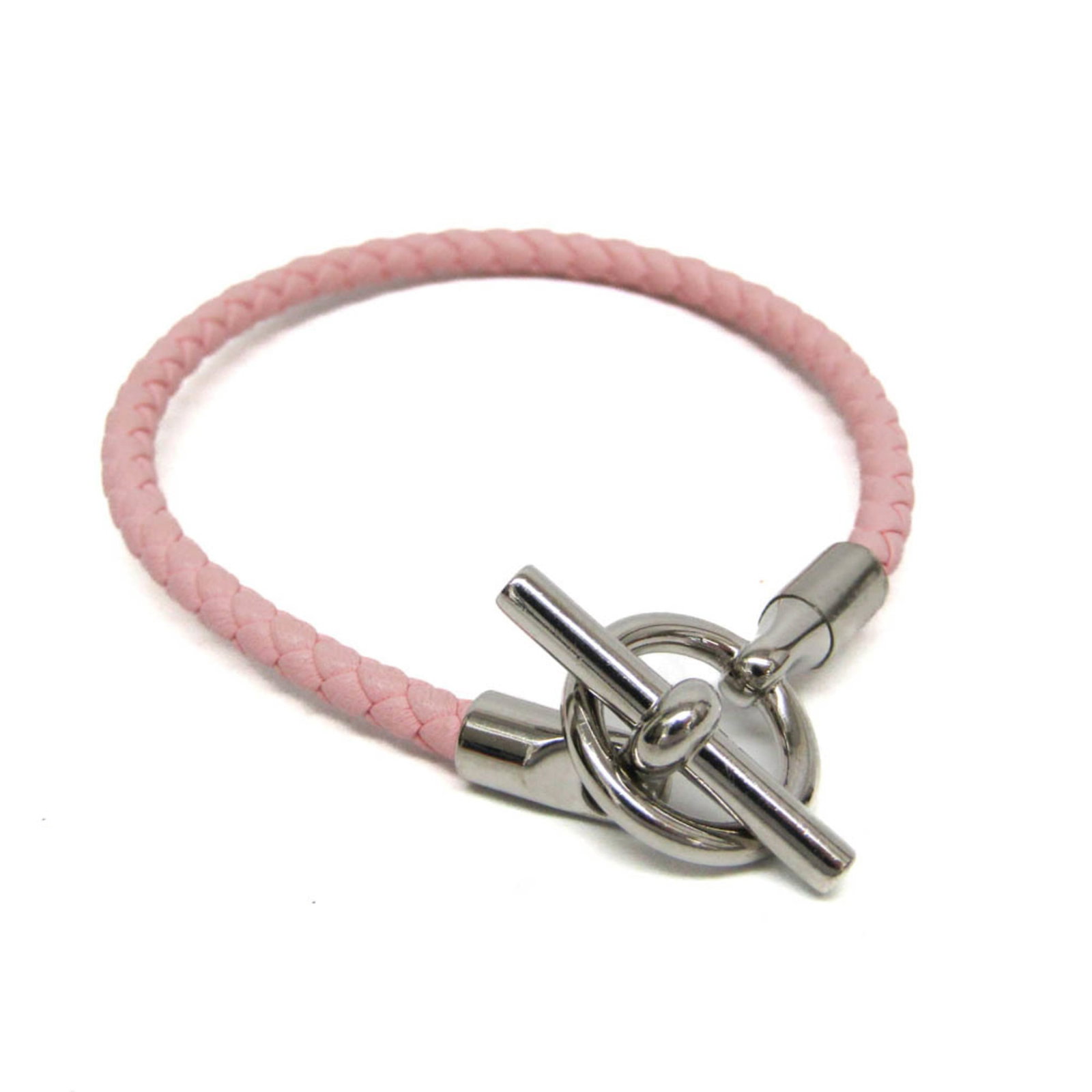 Hermes Bangle Leather, Metal: Hermes Bangle Leather, Metal This Herm?s bangle boasts a sleek silver metal band adorned with a soft pink hue, adding a touch of elegance to any outfit. Crafted from high-quality leather and metal,