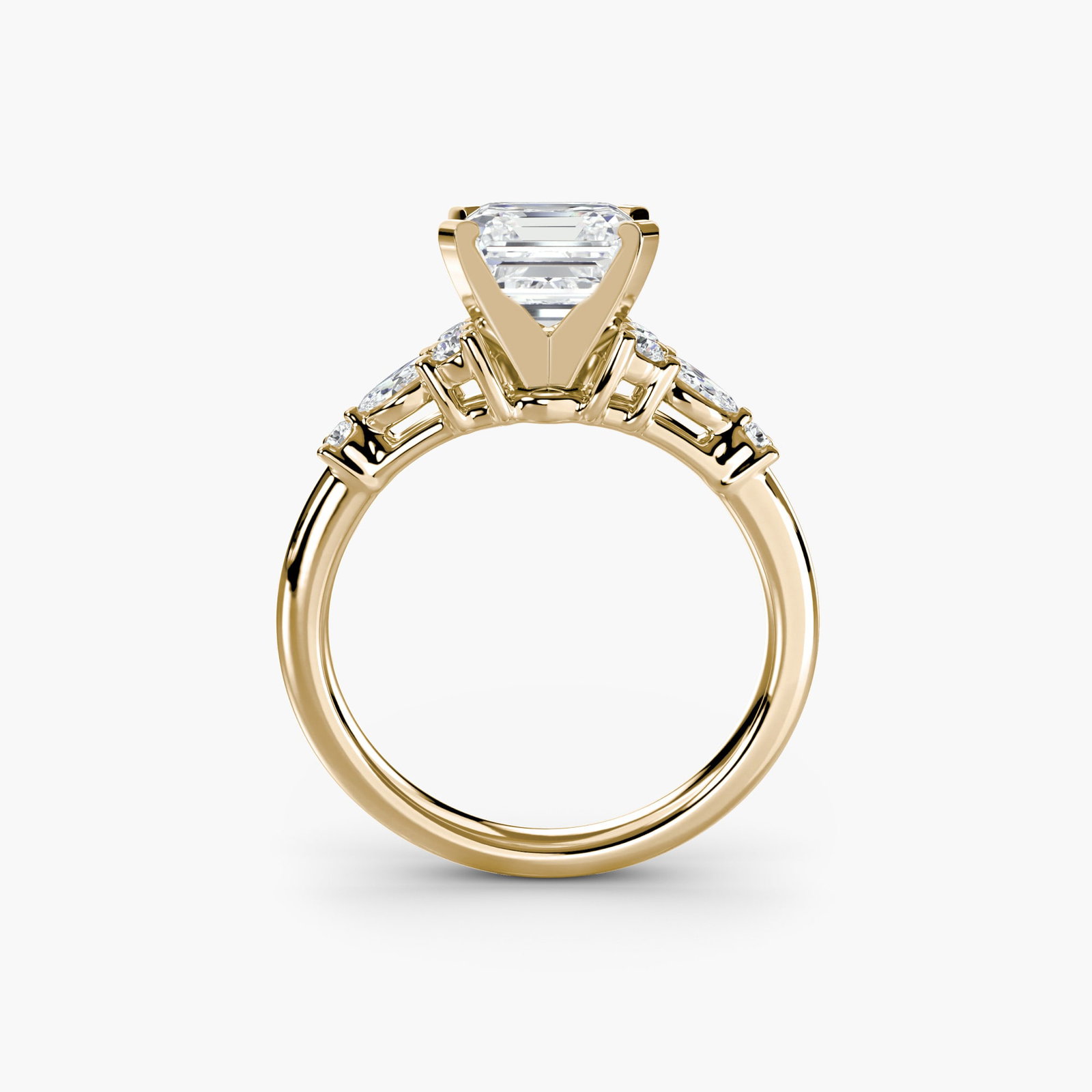 Side Stone Asscher 18Kt Yellow Gold Ring Setting: Side Stone Asscher 18Kt Yellow Gold Ring Setting Side Stone Asscher 18Kt Yellow Gold Ring Setting features an elegant design with eight lab-grown side stones totaling 0.22 carats in EF/VS clarity and 