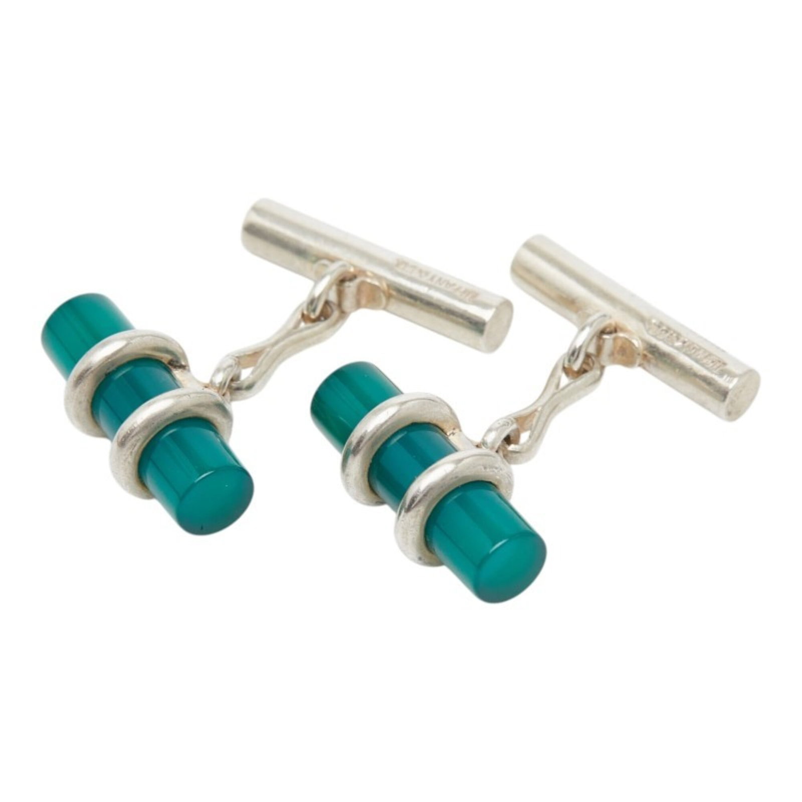 Tiffany Cufflinks Sterling Silver: Tiffany Cufflinks Sterling Silver Sterling silver Tiffany cufflinks with a color stone feature offer a touch of elegance to any outfit. The used condition shows traces of usage and minor scratches, ad