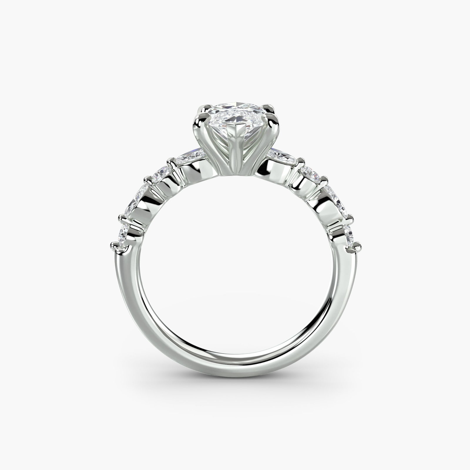 Pave Marquise 18Kt White Gold Ring Setting: Pave Marquise 18Kt White Gold Ring Setting Pave marquise setting in 18Kt white gold, featuring eight lab-grown side stones totaling 0.35 carats, set against a slender 2.5mm band. This new ring