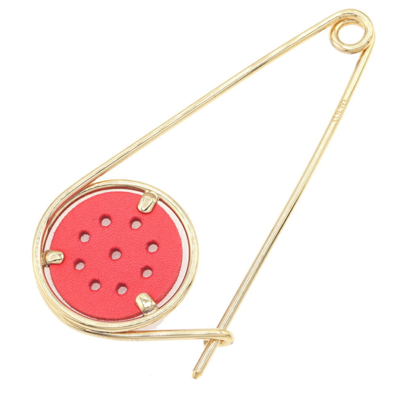 Loewe Pin Brooch Leather, Metal: Loewe Pin Brooch Leather, Metal Gold and red Loewe Pin Brooch features leather and metal construction. Measuring 8.8cm x 4.5cm, this pin brooch weighs 10.5g and is in mint condition like new. Item Spe