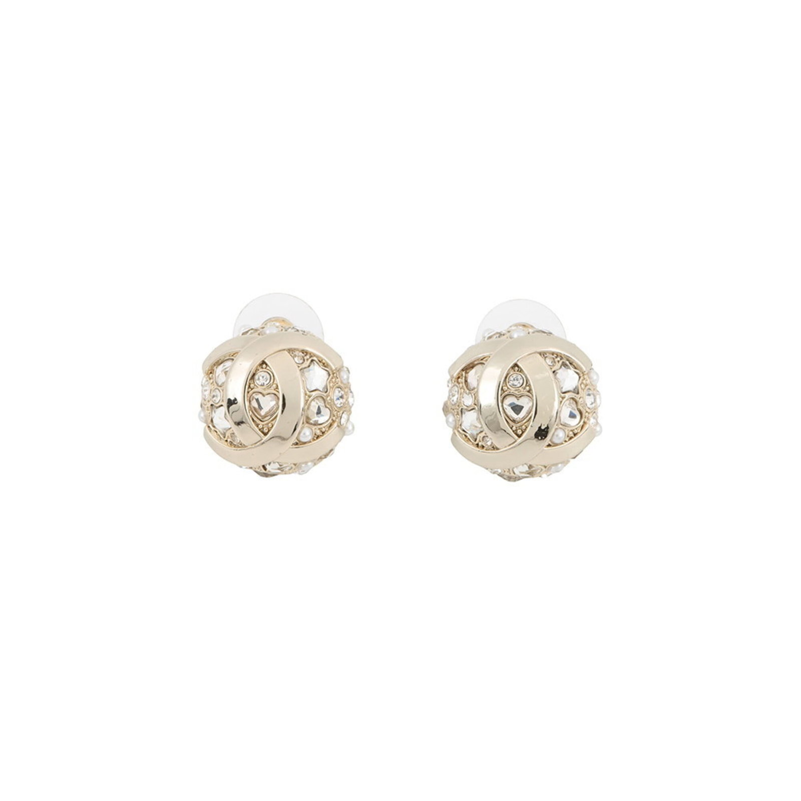 Chanel Stud Earrings Gold Plating: Chanel Stud Earrings Gold Plating Chanel's iconic stud earrings shine with champagne gold plating and artificial pearl accents. The elegant design features rhinestones for added sparkle. In mint condi