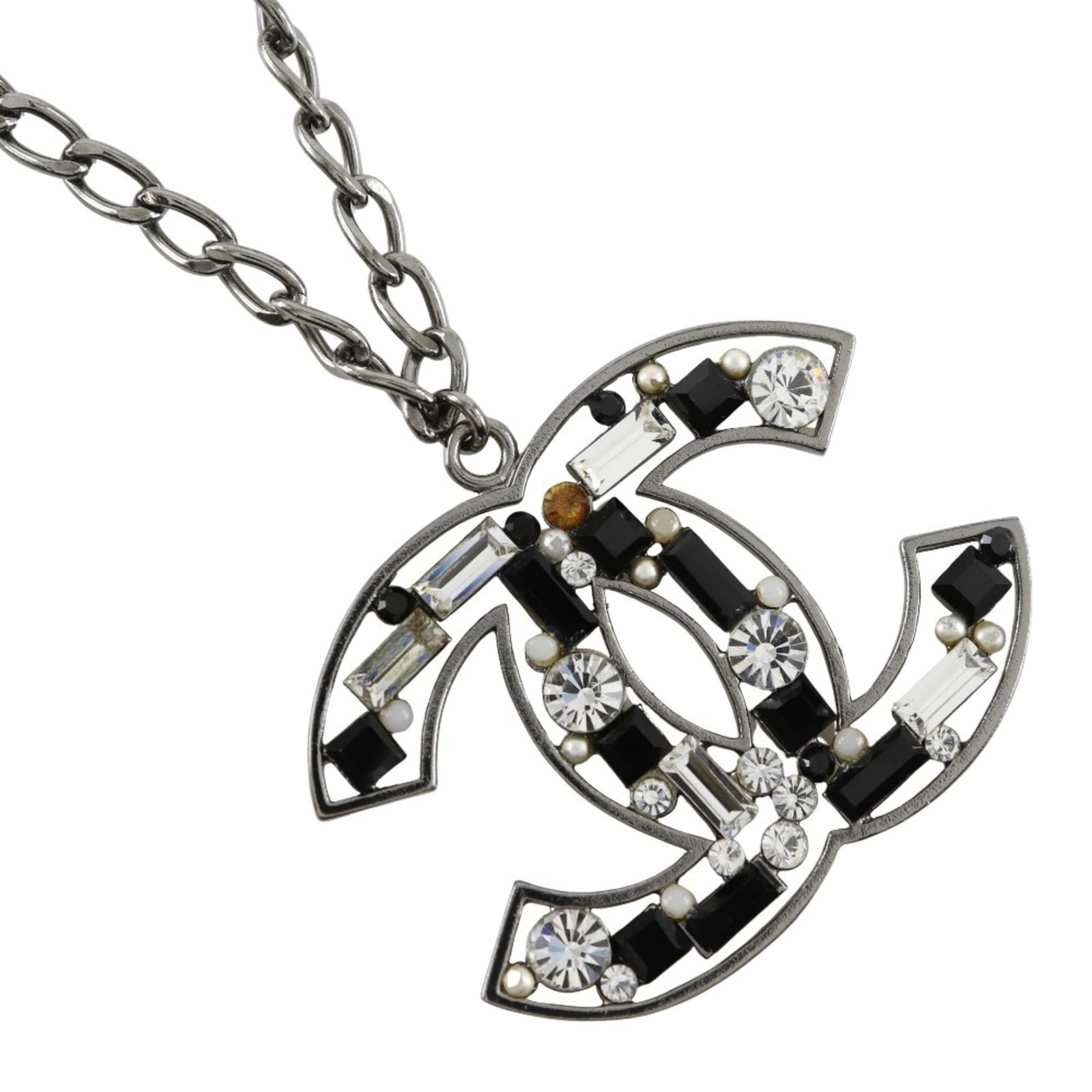 CHANEL COCO Mark Necklace with Rhinestones, 2003, Silver/Black, 03A, Approx. 34.1g, Women's (1 of 7)