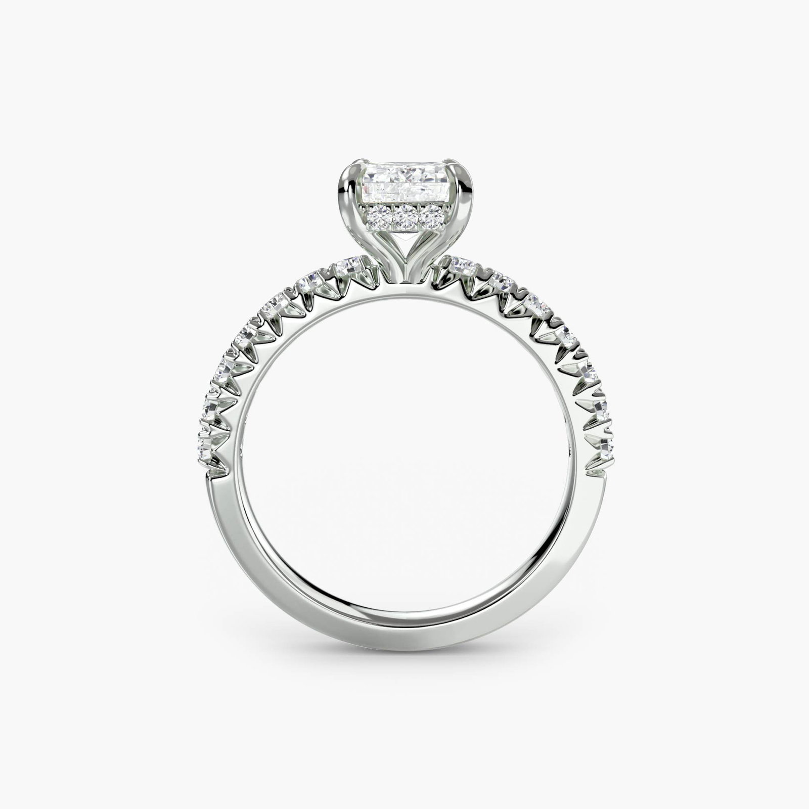 Hidden Halo Emerald 14Kt White Gold Ring Setting: Hidden Halo Emerald 14Kt White Gold Ring Setting The Hidden Halo Emerald ring setting boasts a stunning array of 30 lab-grown side stones, totaling 0.43 carats in total cut weight, set within a