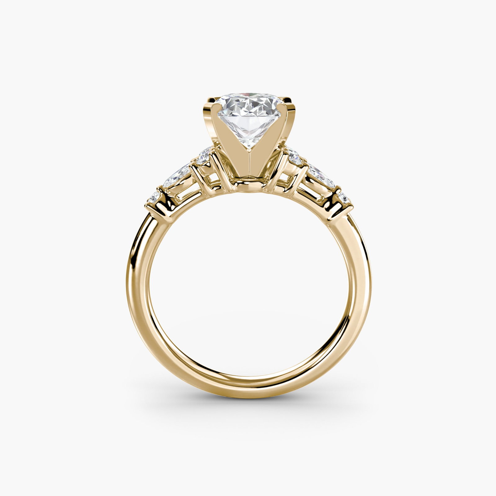 Side Stone Oval 14Kt Yellow Gold Ring Setting: Side Stone Oval 14Kt Yellow Gold Ring Setting Oval ring setting crafted from 14Kt yellow gold, featuring eight side stones totaling 0.22 carats of lab-grown EF/VS color and clarity. The ring's oval