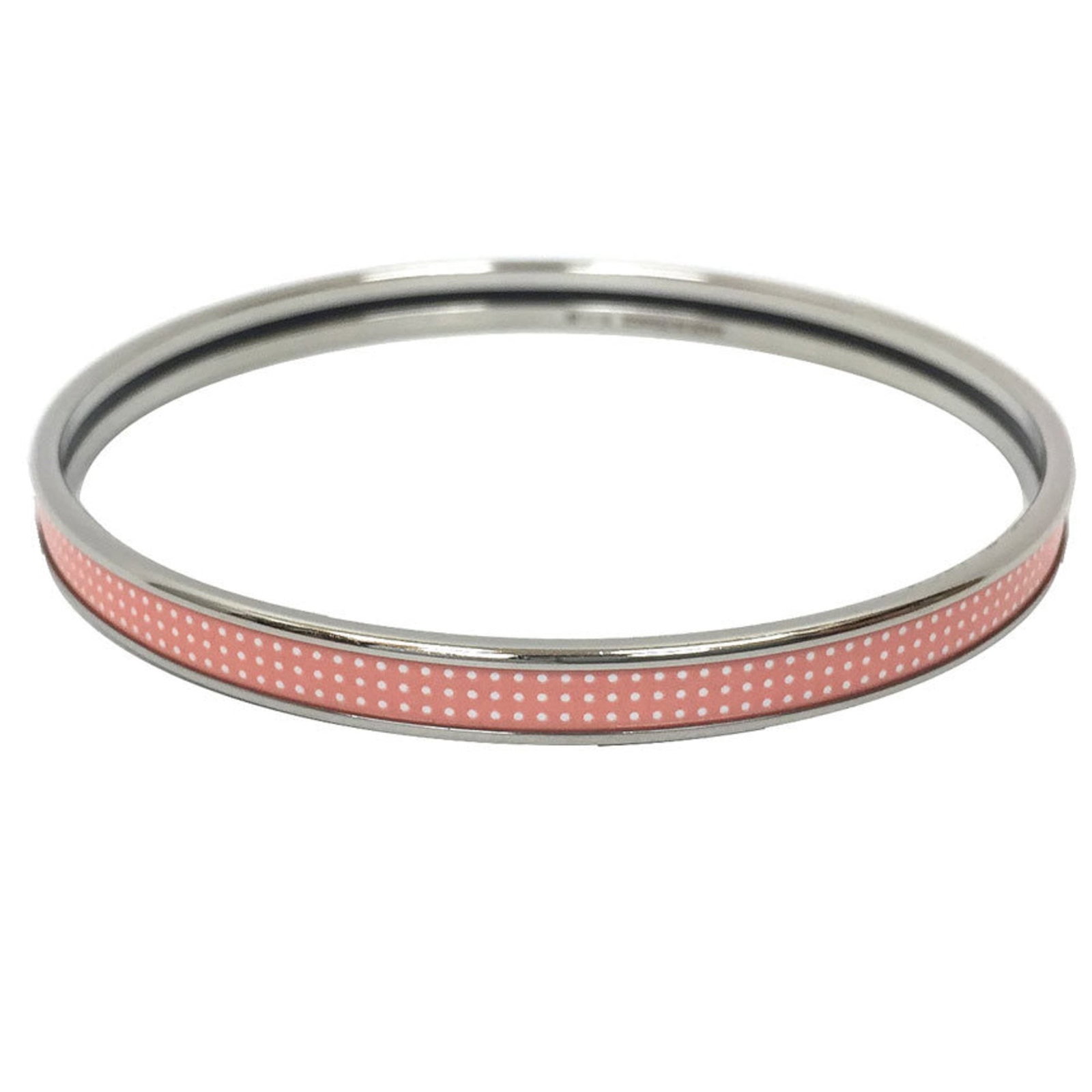 Hermes Bangle Metal: Hermes Bangle Metal The Hermes Bangle Metal features a striking pink hue and silver accents, showcasing the brand's signature style. With a few traces of usage visible, this bangle still exudes its