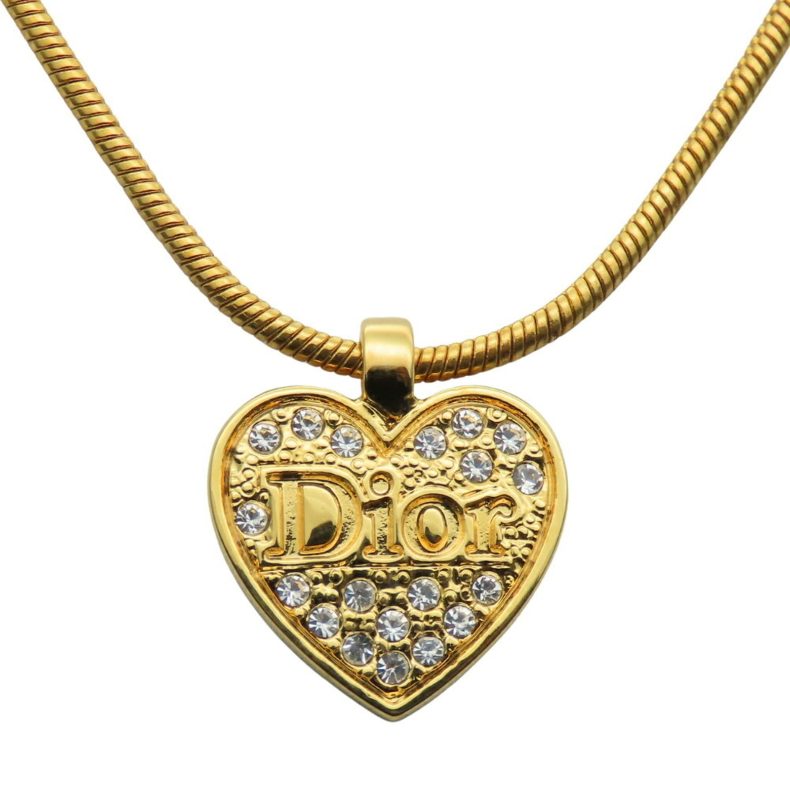 Christian Dior Women's Metal Rhinestone Heart Necklace in Gold Plated: Christian Dior Women's Metal Rhinestone Heart Necklace in Gold Plated Gold plated metal and rhinestone details adorn this elegant Christian Dior women's necklace, adding a touch of luxury to any