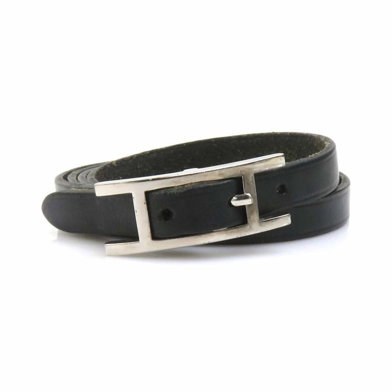 Hermes Charm Bracelet Leather, Metal: Hermes Charm Bracelet Leather, Metal Black leather and silver metal come together in this classic Hermes charm bracelet, with its total length measuring 71cm. The bracelet shows signs of use, includin