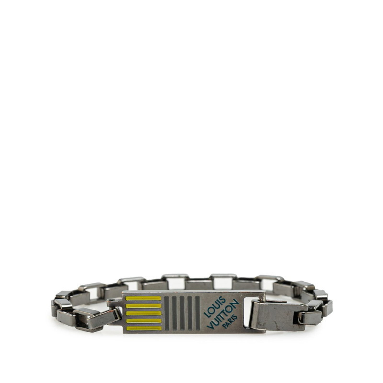 Louis Vuitton Charm Bracelet Metal: Louis Vuitton Charm Bracelet Metal Silver Louis Vuitton charm bracelet with a subtle wear from previous use. The metal has developed some scratches and dirt, giving it a well-loved appearance. Overall