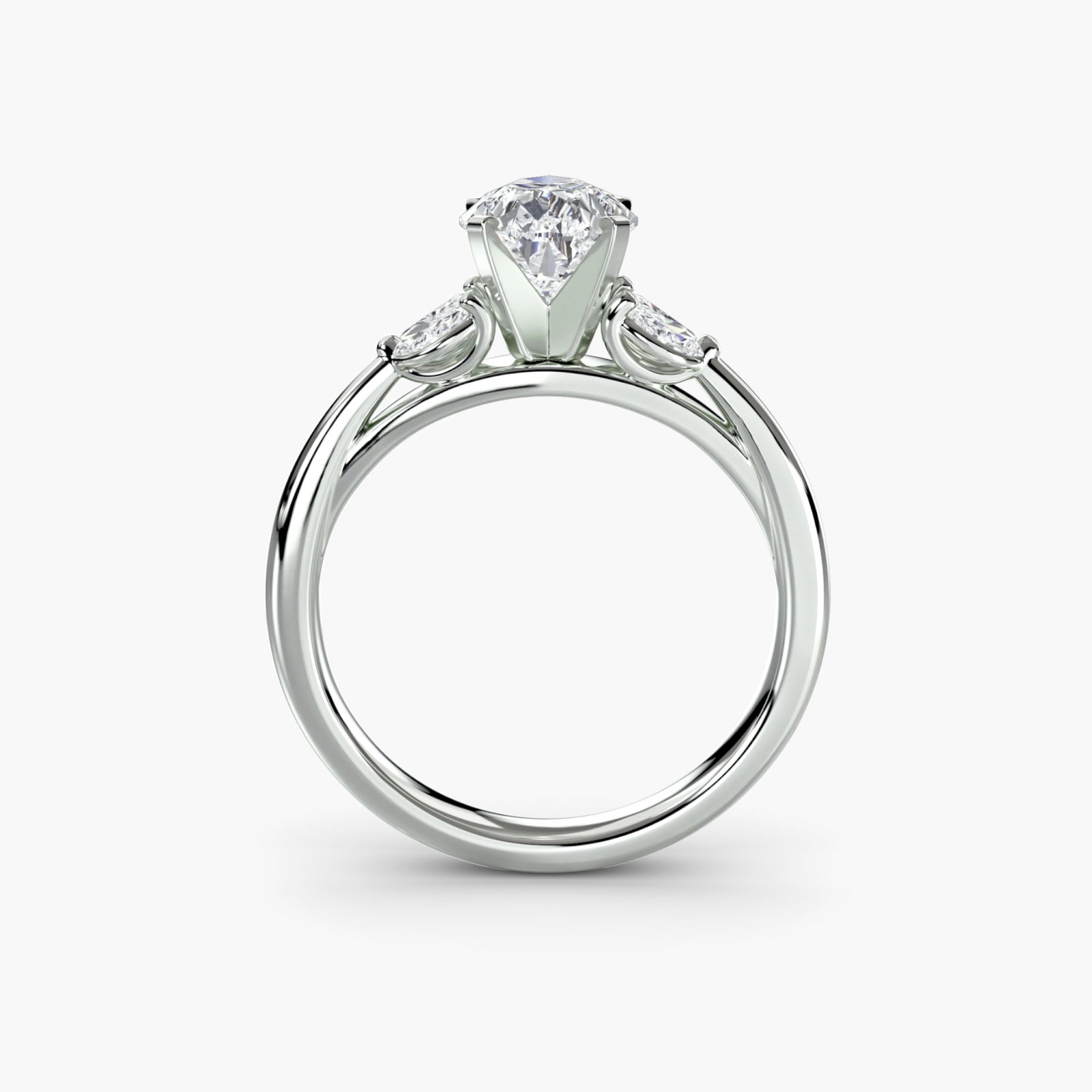 Side Stone Pear 950 Platinum Ring Setting: Side Stone Pear 950 Platinum Ring Setting Side stone pear ring setting crafted from 950 platinum, featuring four lab-grown stones totaling 0.43 carats in EF/VS clarity and color. The ring's sleek desi