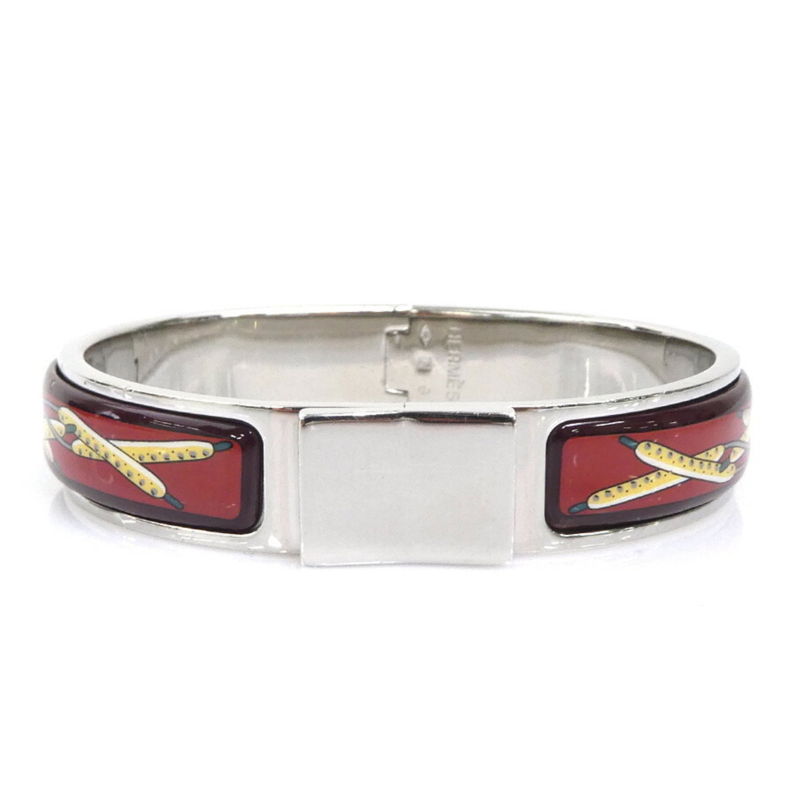 Hermes Bangle Enamel, Metal: Hermes Bangle Enamel, Metal Burgundy and multi-color enamel, paired with silver accents, make this Hermes bangle a visually striking piece. The 15.7cm length offers a comfortable fit for many wrist