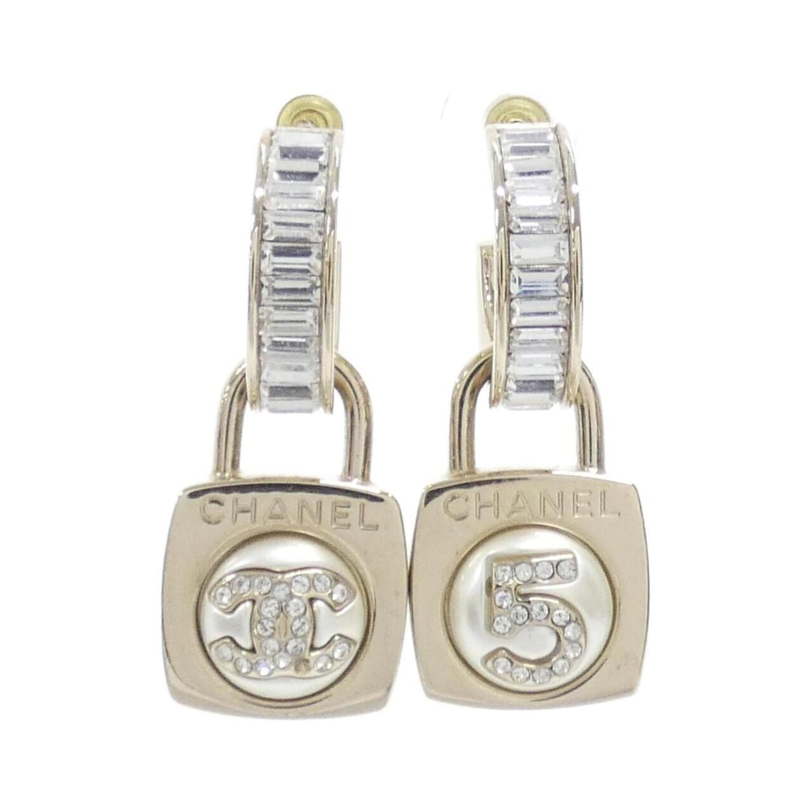 Chanel Stud Earrings: Chanel Stud Earrings Stud earrings in gold with artificial pearl and crystal stones. The Chanel brand adds a touch of luxury to these elegant accessories. In very good condition, with some minor signs