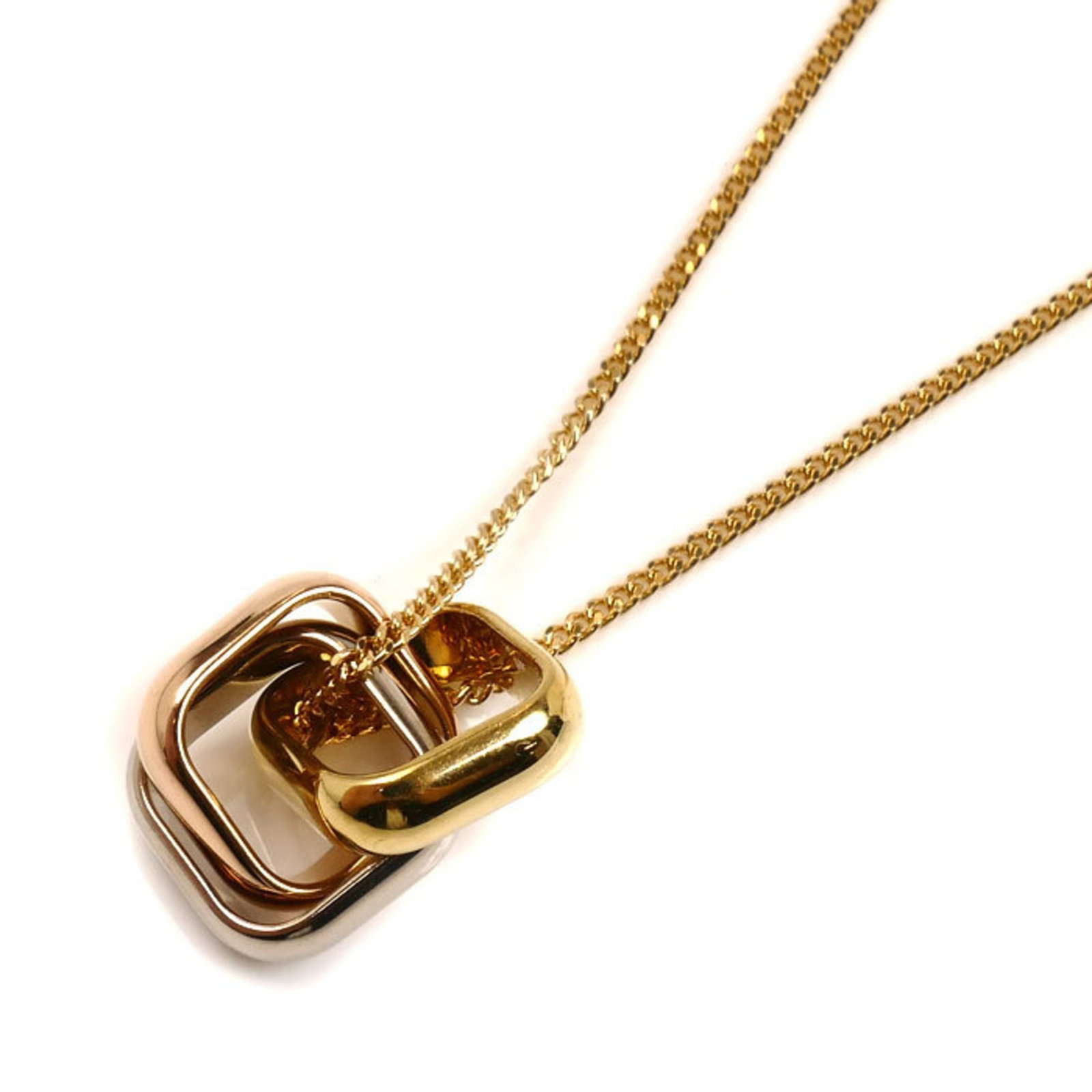 CARTIER 18K Yellow Gold/Pink/White Trinity Cushion Necklace B7224955, 10.5g, 50cm, Women's: CARTIER 18K Yellow Gold/Pink/White Trinity Cushion Necklace B7224955, 10.5g, 50cm, Women's The Cartier 18K Yellow Gold/Pink/White Trinity Cushion Necklace boasts a stunning combination of pink and whi