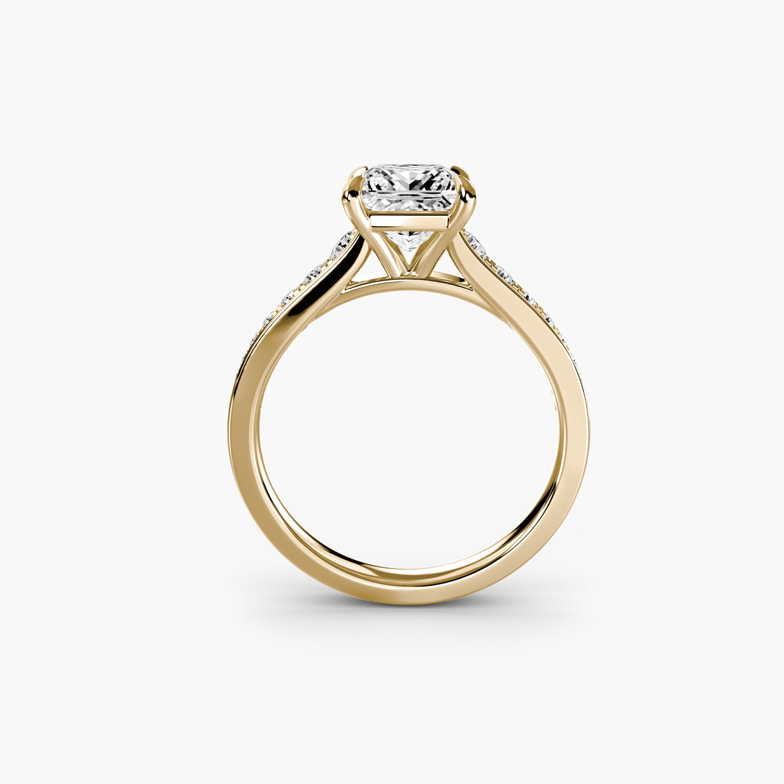 Pave Princess 18Kt Yellow Gold Ring Setting: Pave Princess 18Kt Yellow Gold Ring Setting Pave Princess ring setting crafted from 18Kt yellow gold, featuring 16 side stones totaling 0.283 carats of lab-grown EF/VS color and clarity. This new