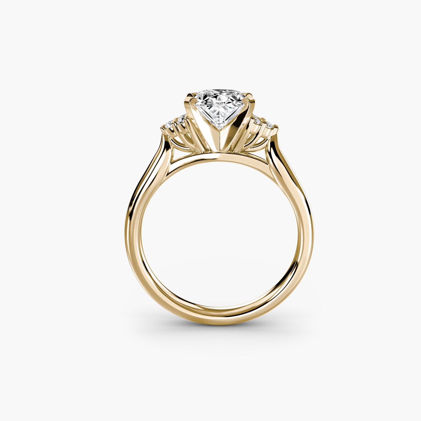 Solitaire Oval 18Kt Yellow Gold Ring Setting: Solitaire Oval 18Kt Yellow Gold Ring Setting Oval oval ring setting crafted from 18Kt yellow gold, featuring six lab-grown side stones totaling 0.09 carats in EF/VS clarity and colour. The ring's meta