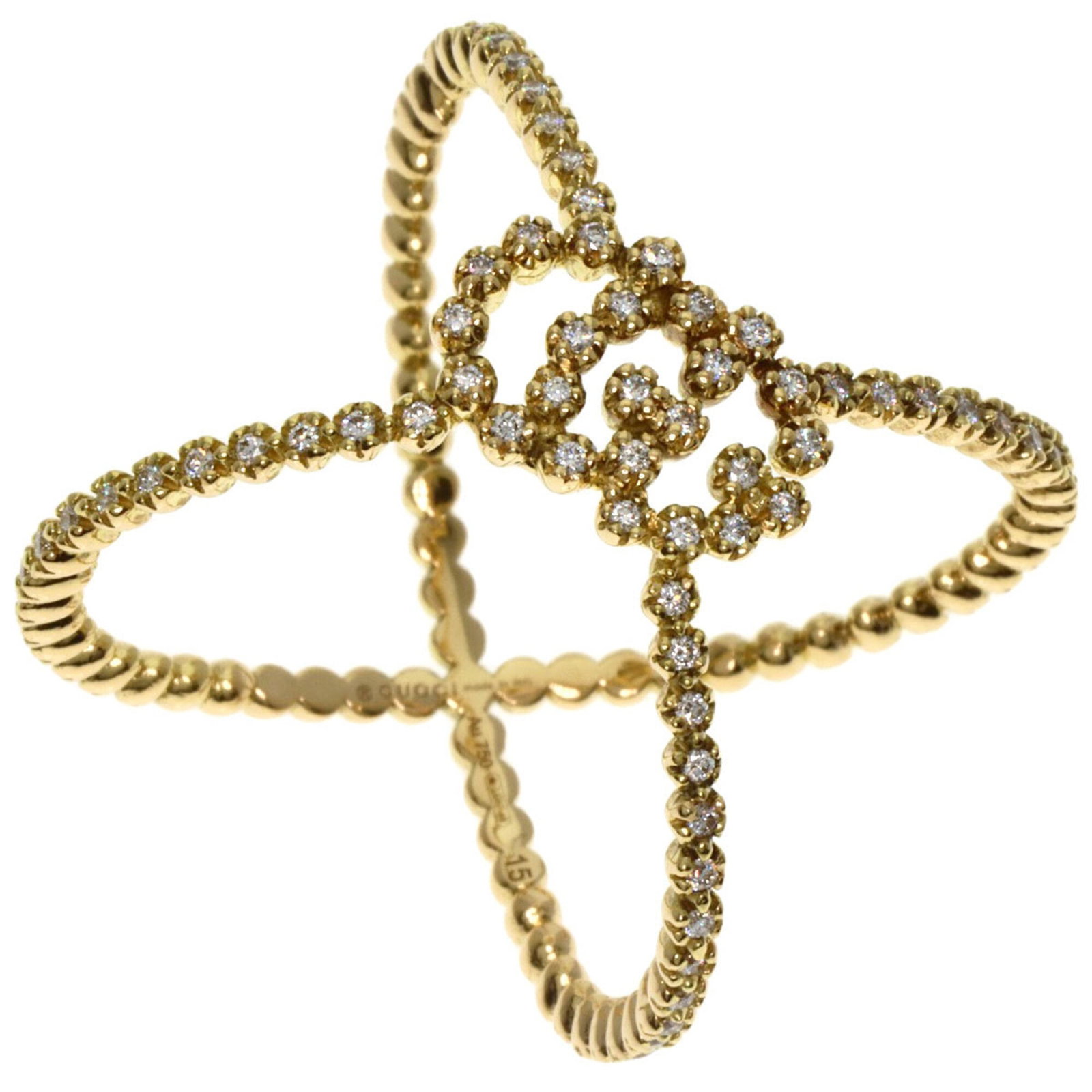 Gucci Band Ring Yellow Gold (18K): Gucci Band Ring Yellow Gold (18K) Yellow Gold (18K) Band Ring from Gucci features diamond stone and is made of high-quality yellow gold. This used item is in like new condition with hardly any traces 